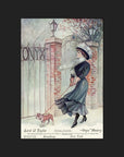 The image is a vintage advertisement featuring a woman in a long dress and hat walking a dog in front of a wrought iron gate.