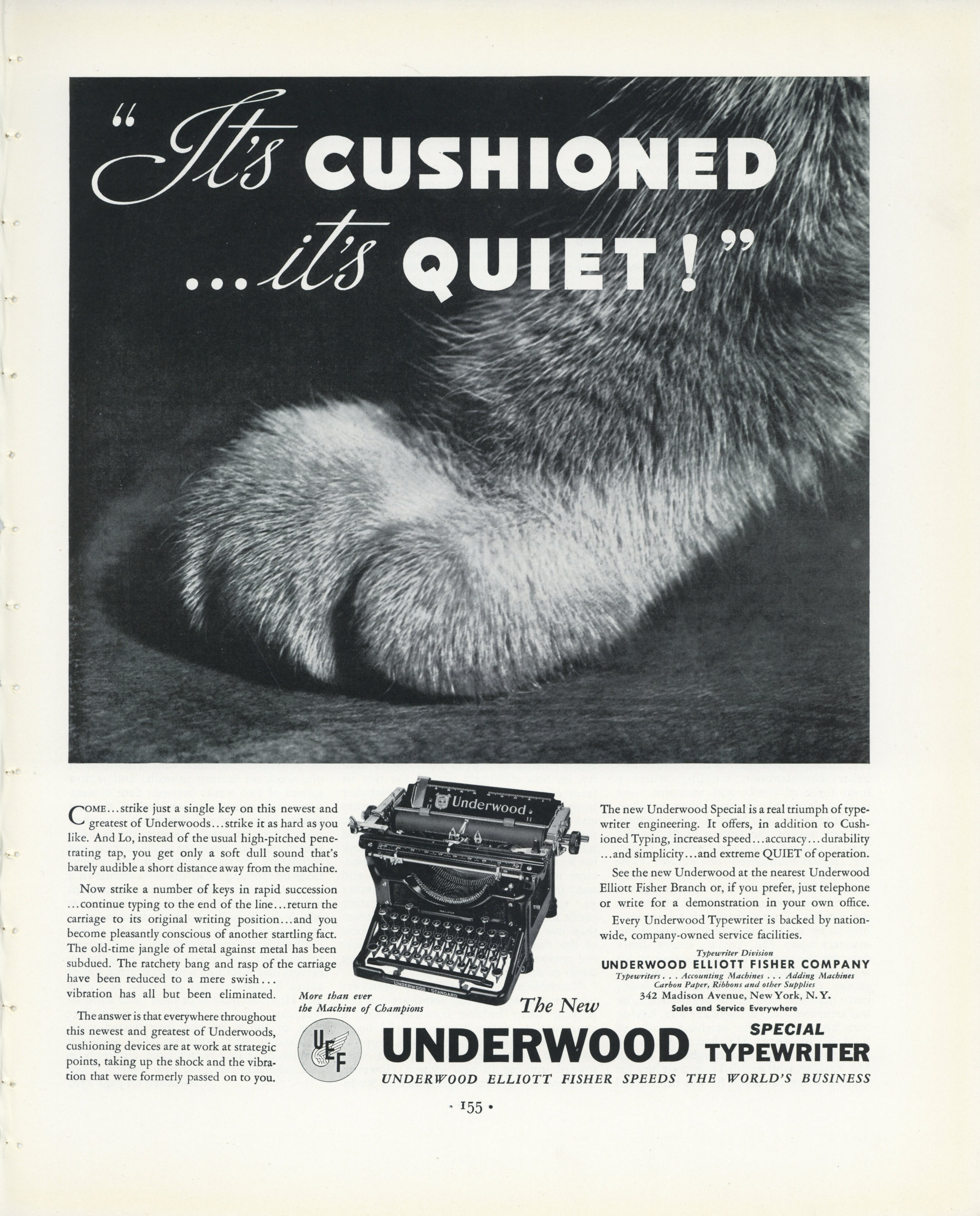 1935 Underwood Special typewriter vintage print advertisement by Underwood Elliott Fisher Company featuring cat’s paw illustration
