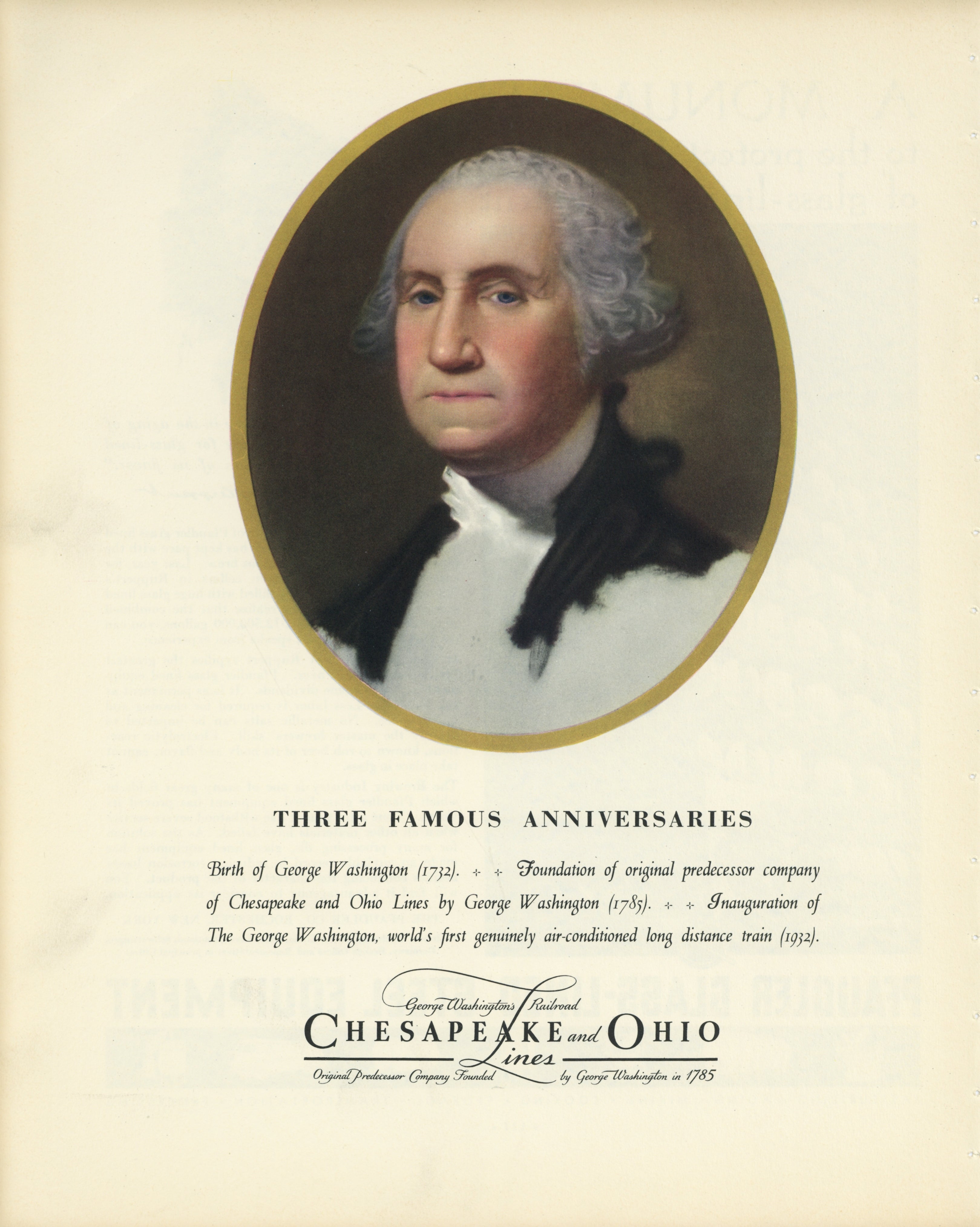 1935 Chesapeake & Ohio Railroad George Washington vintage print advertisement from Fortune magazine