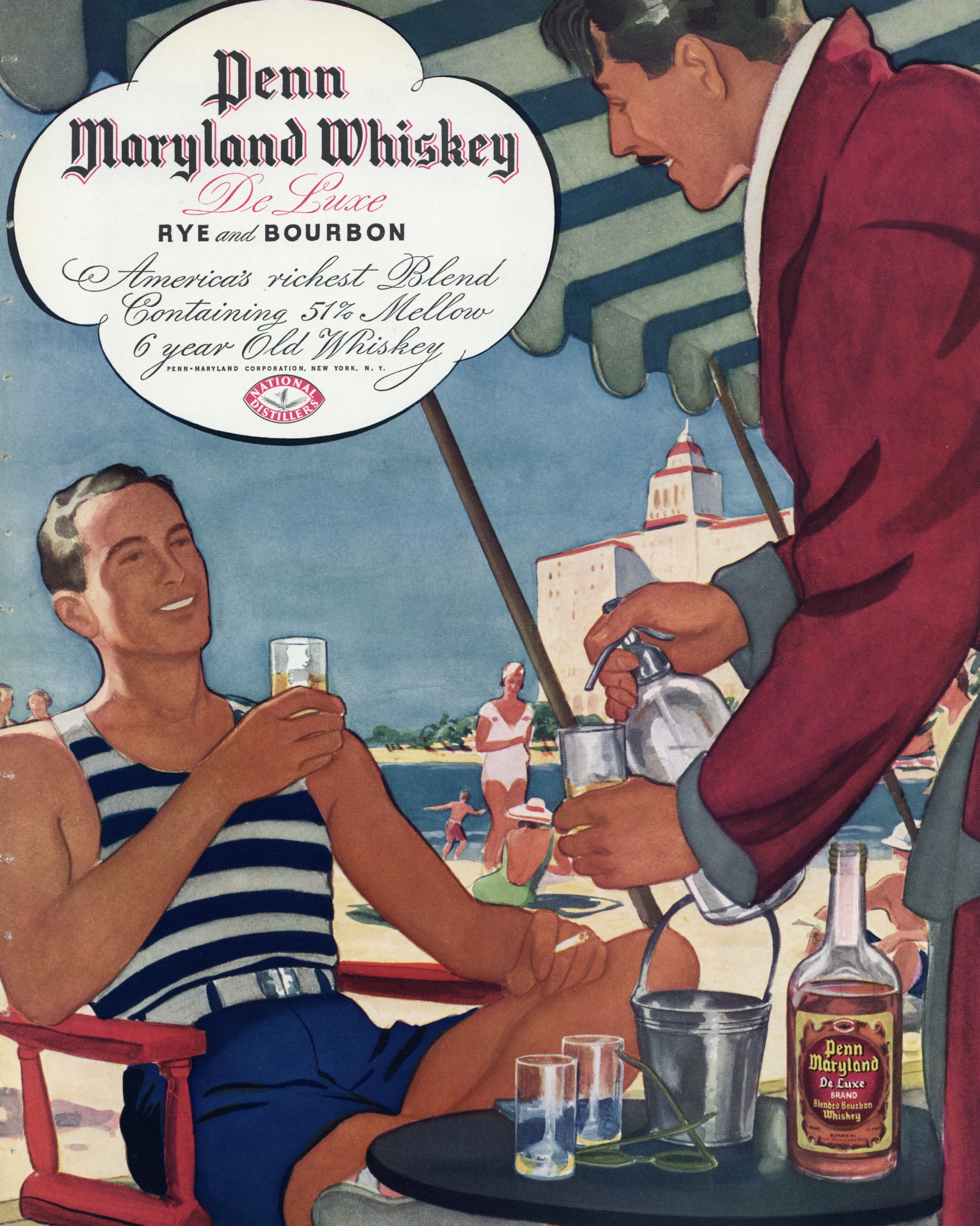 1935 Penn Maryland De Luxe Rye and Bourbon whiskey vintage print advertisement with illustrated beachside scene