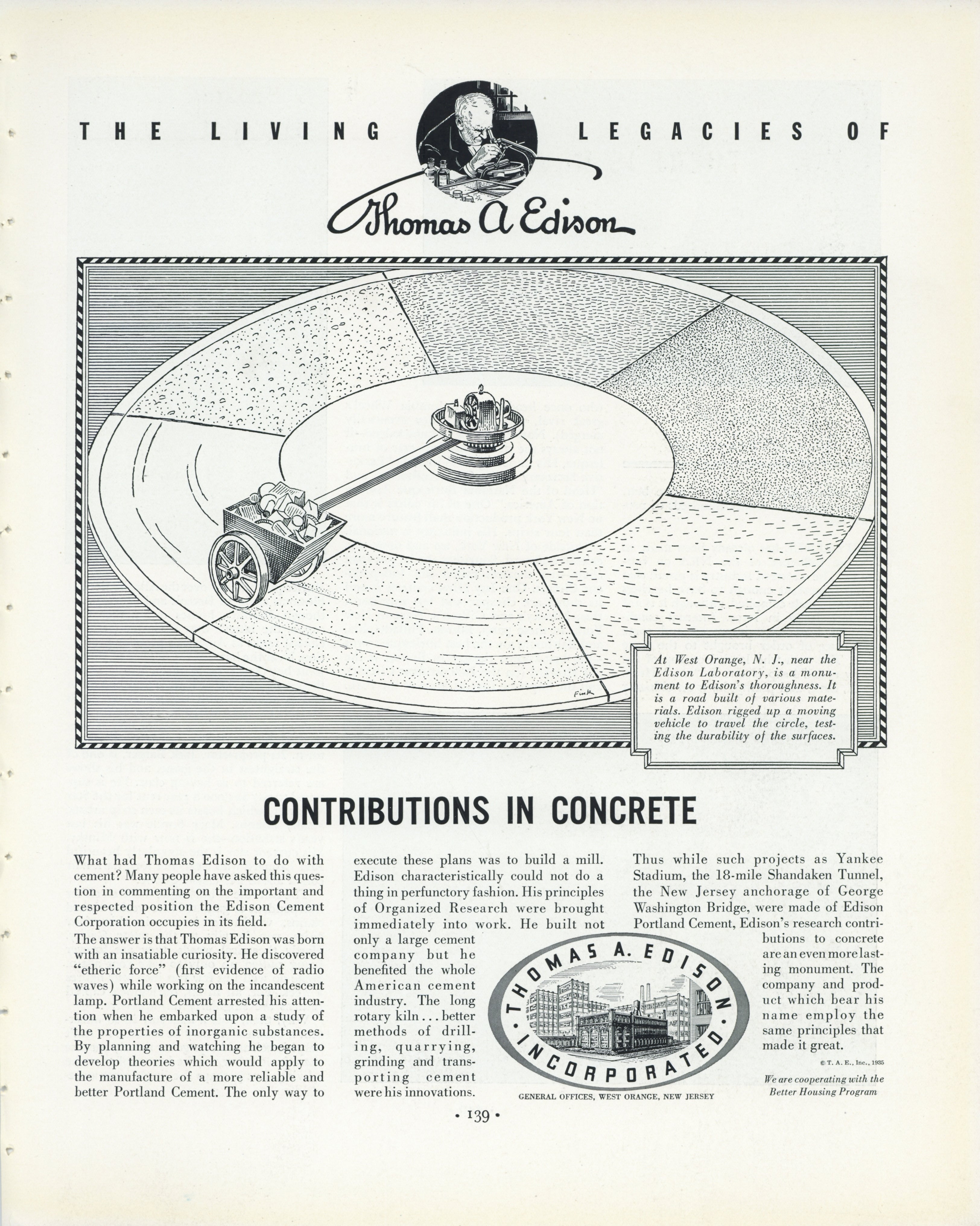 1935 Thomas Edison Contributions in Concrete vintage print advertisement featuring Edison’s concrete testing research at West Orange, New Jersey