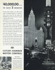 1935 Cutler-Hammer motor control vintage print advertisement featuring Chicago traffic signals and downtown cityscape