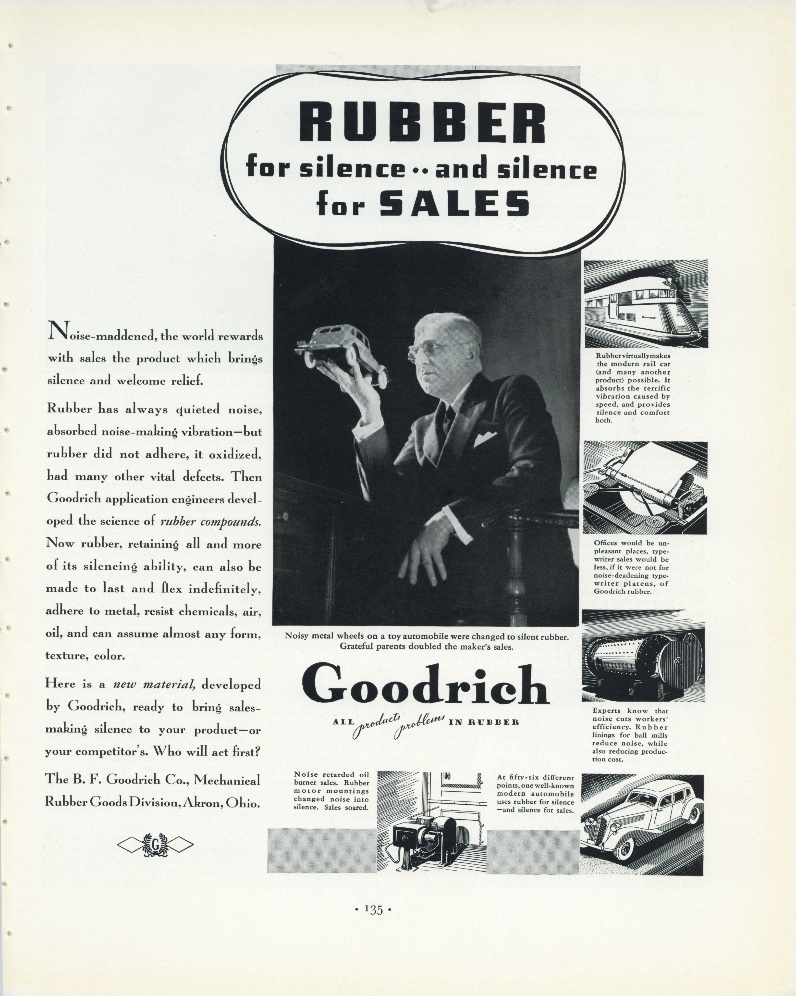 1935 B.F. Goodrich rubber vintage print advertisement promoting industrial noise reduction and engineered rubber compounds