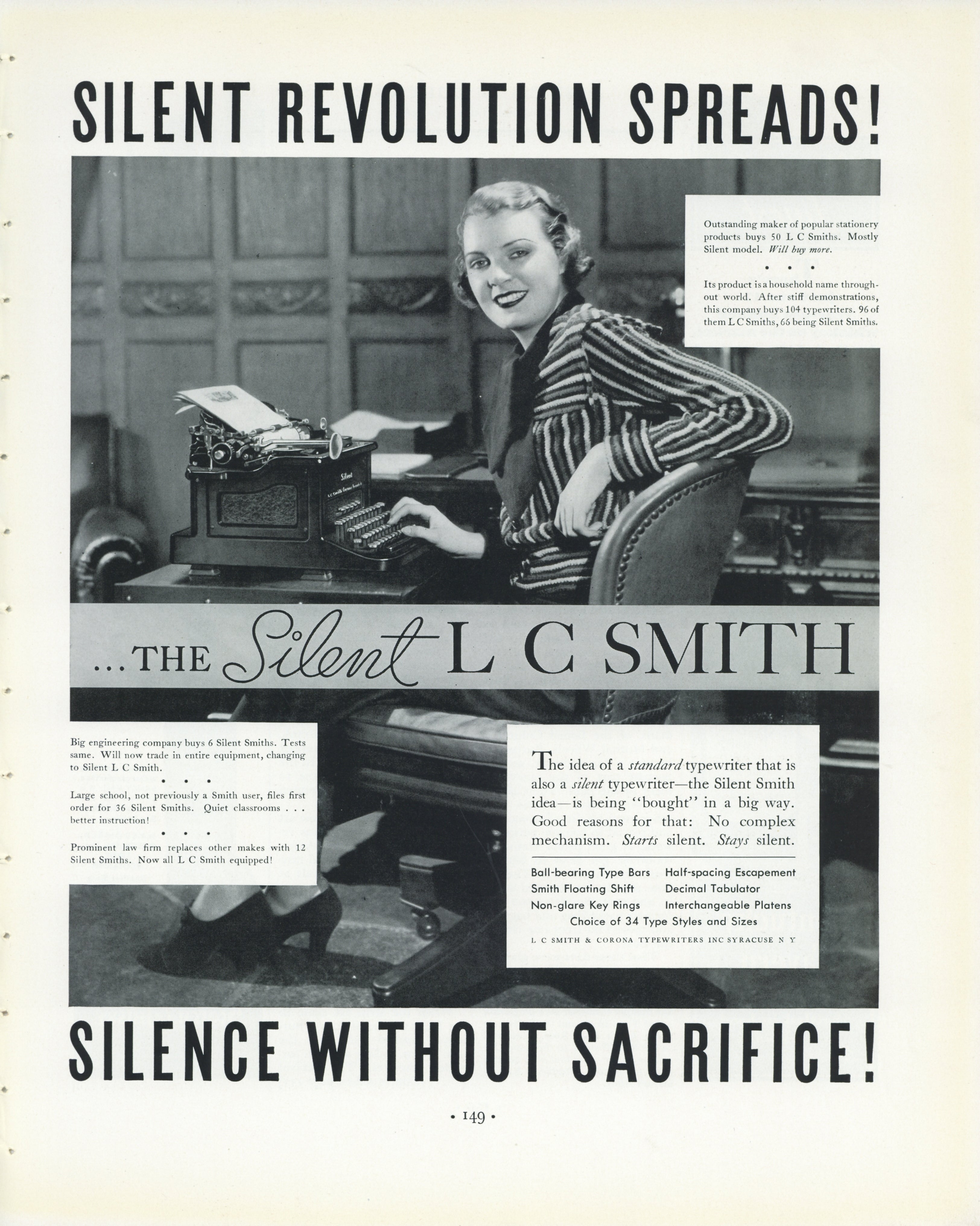 1935 L.C. Smith Silent Typewriter vintage print advertisement featuring office technology innovation