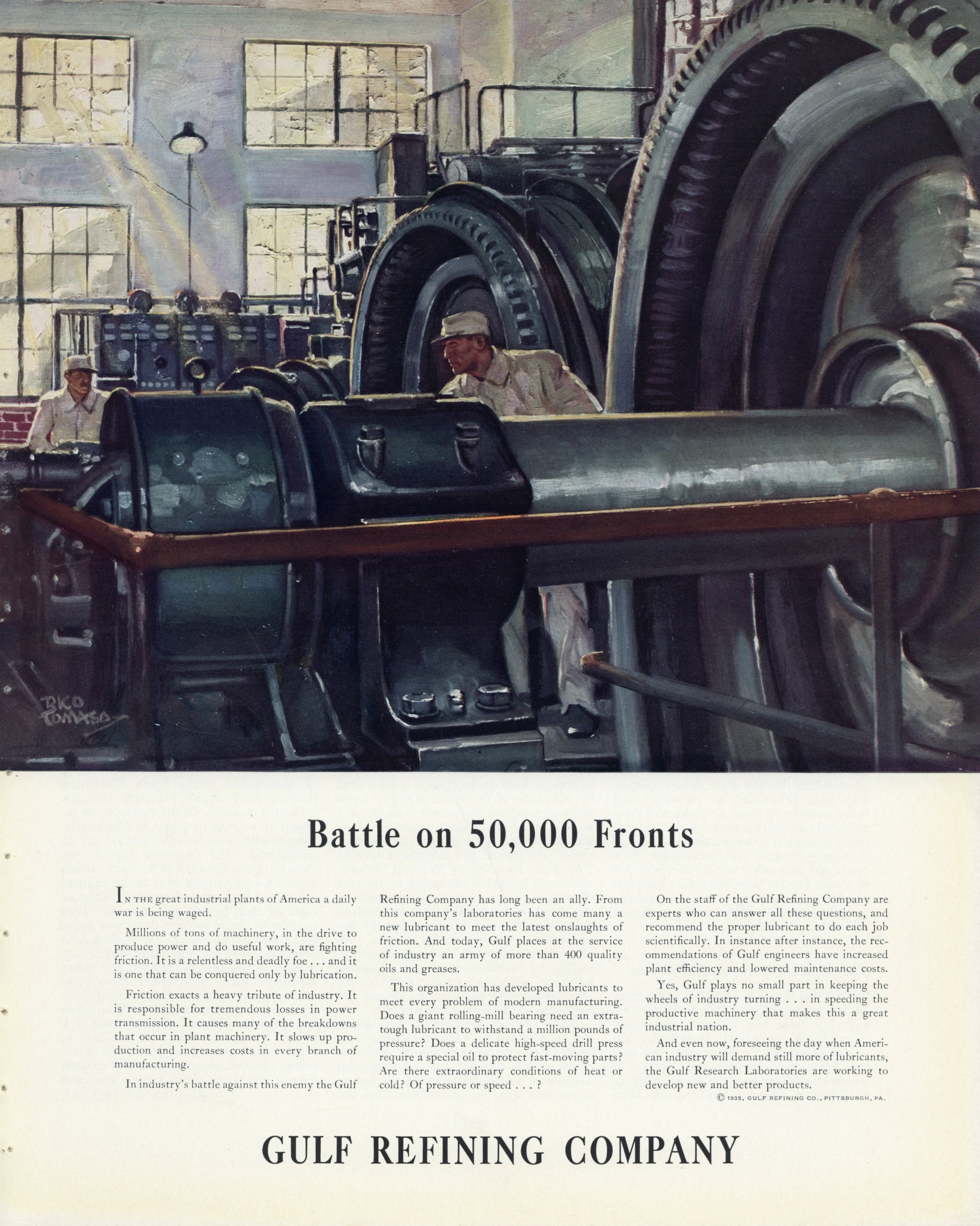 1935 Gulf Refining Company vintage print advertisement depicting industrial machinery and power generation