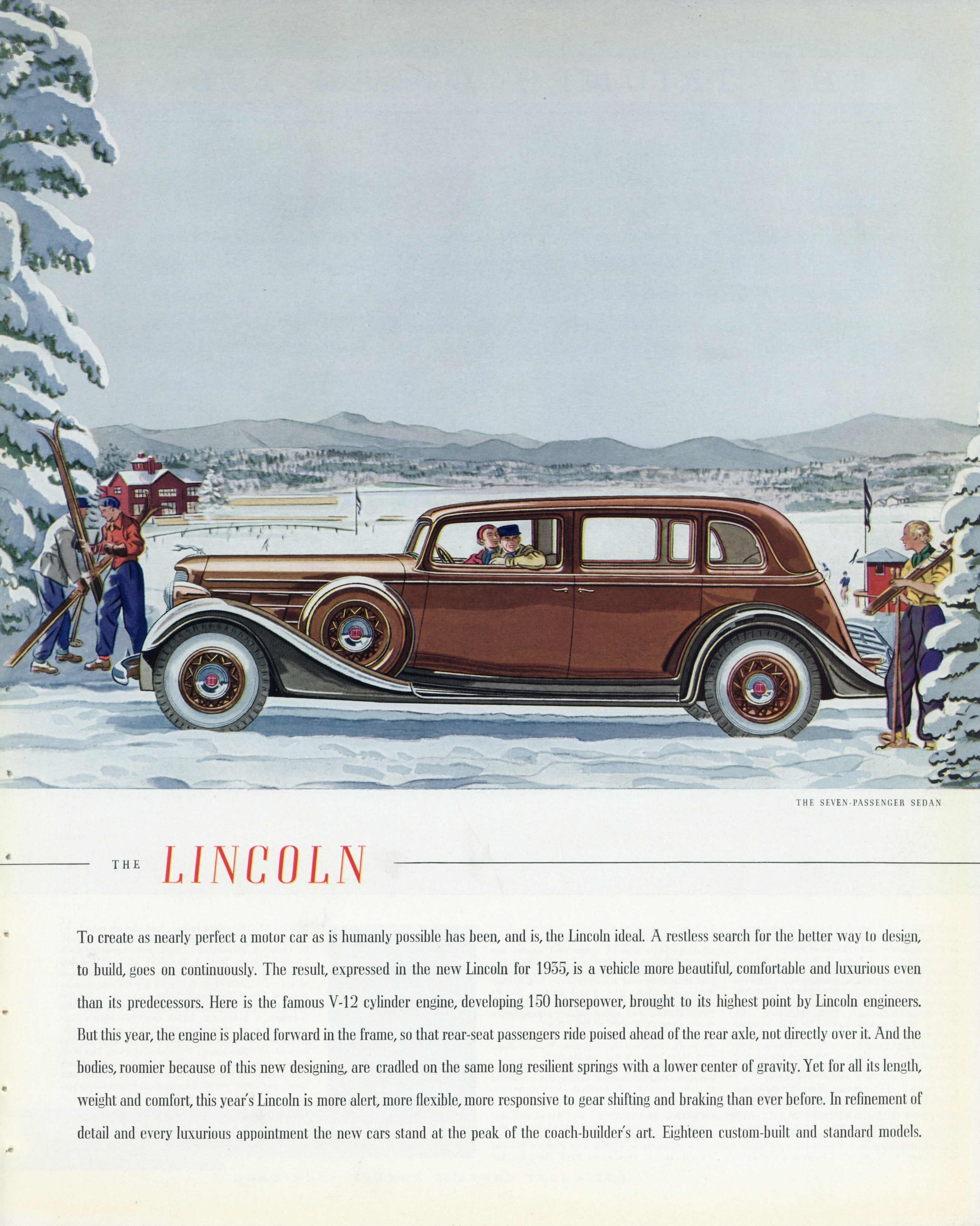 1935 Lincoln seven-passenger sedan vintage automobile advertisement illustrated winter driving scene