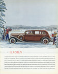 1935 Lincoln seven-passenger sedan vintage automobile advertisement illustrated winter driving scene