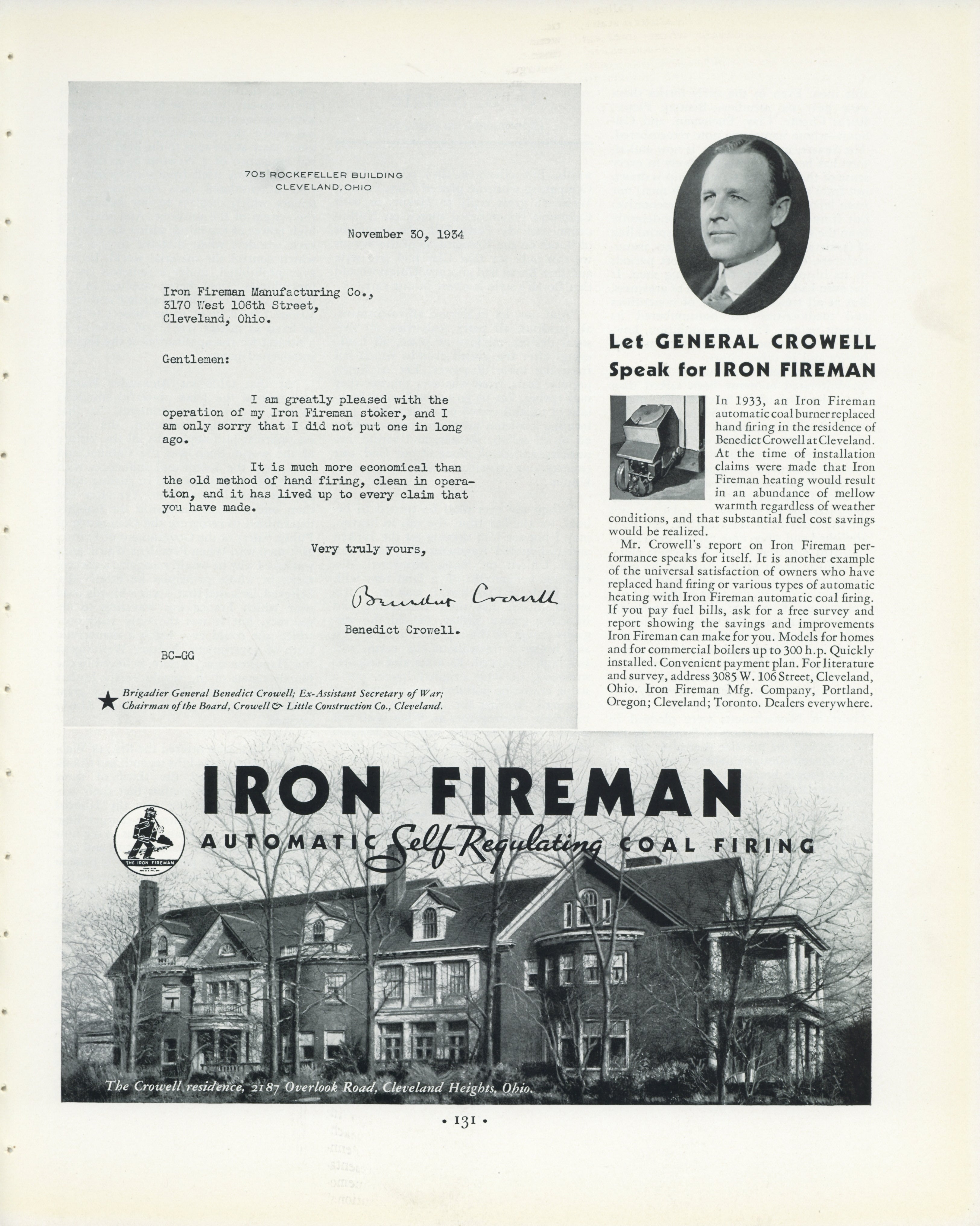 1934 Iron Fireman automatic coal firing vintage home heating advertisement with testimonial letter and residential installation