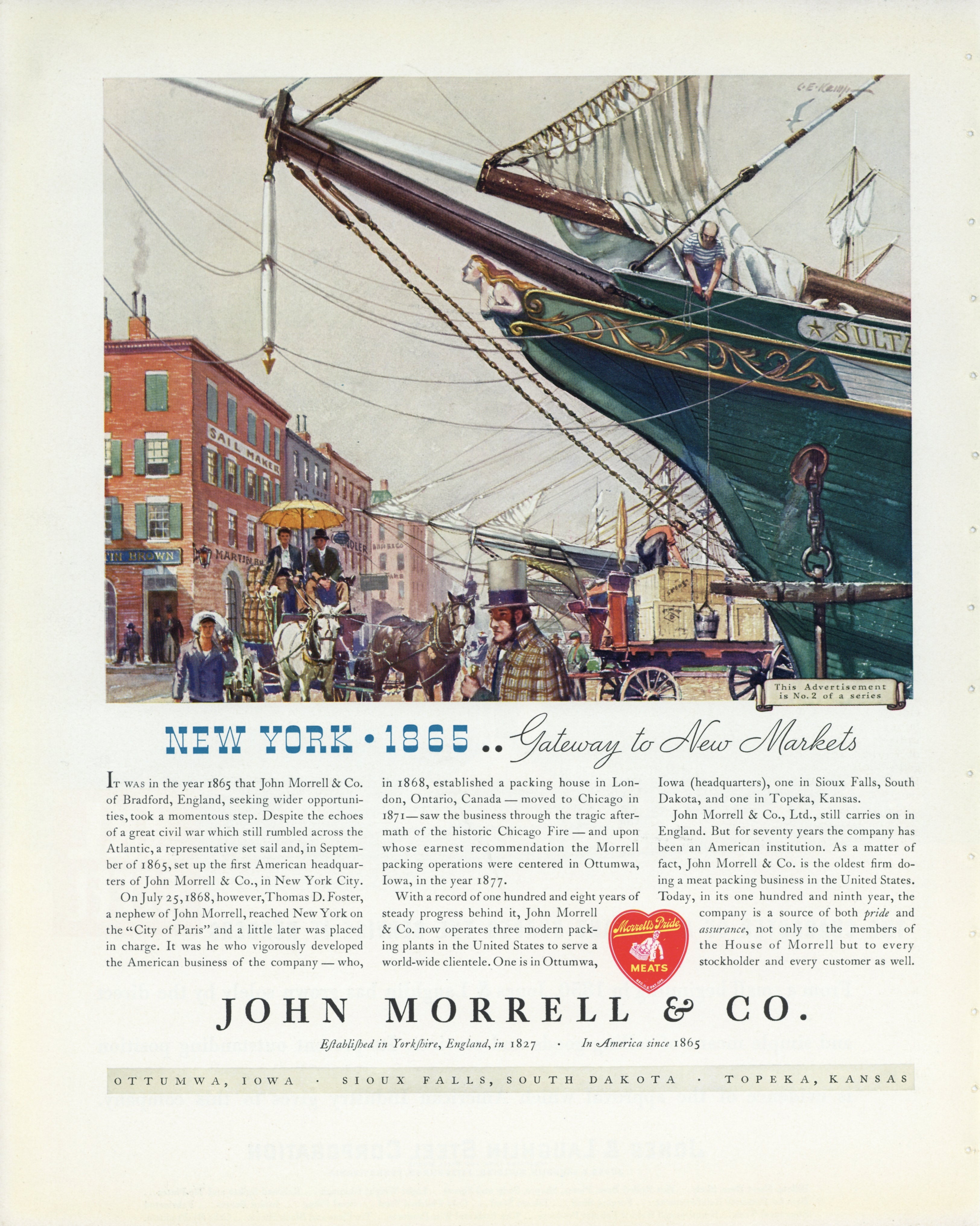 1935 John Morrell & Co. vintage advertisement showing New York Harbor as a gateway to expanding American markets
