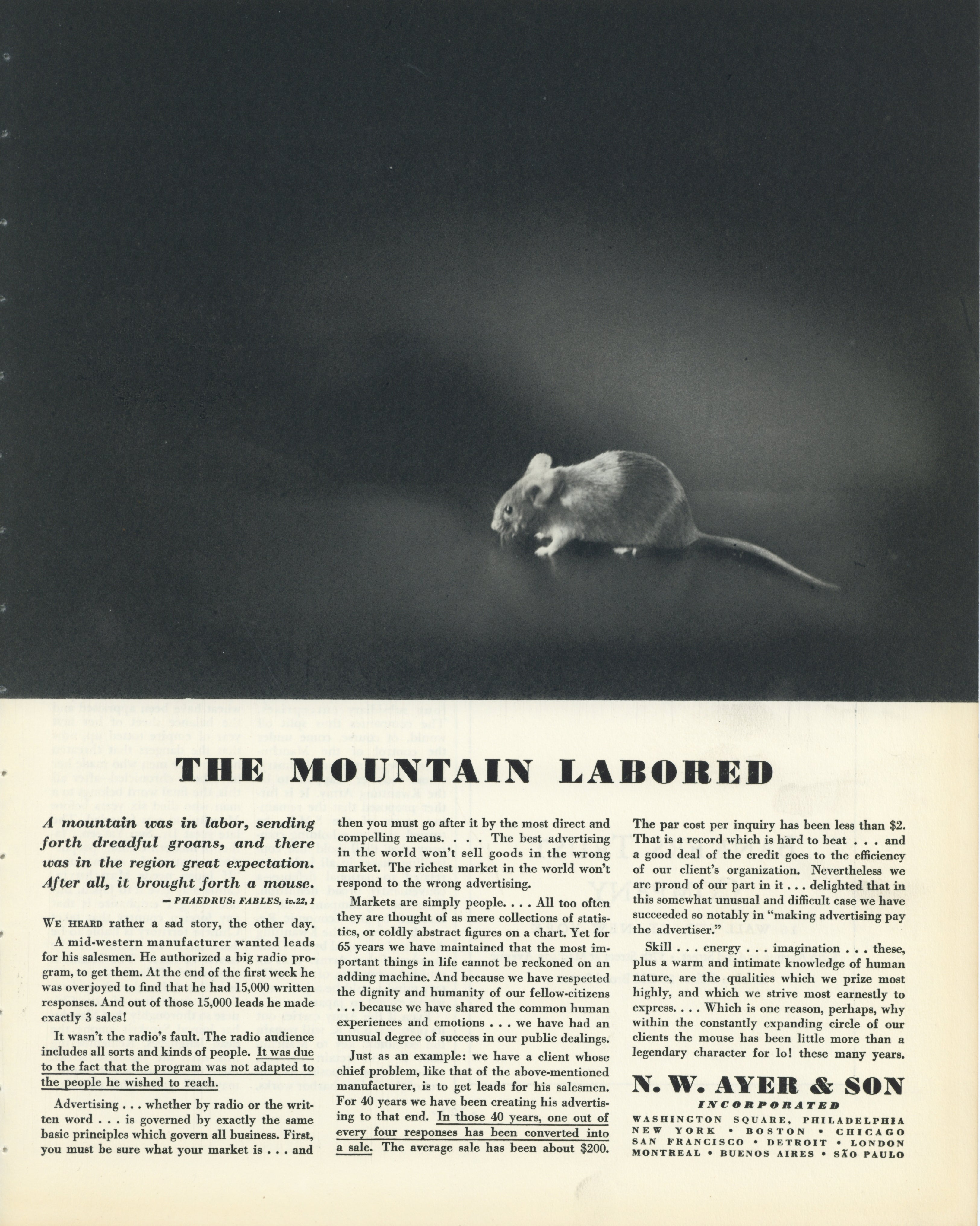 1935 N. W. Ayer & Son vintage advertisement featuring a mouse and the headline “The Mountain Labored”