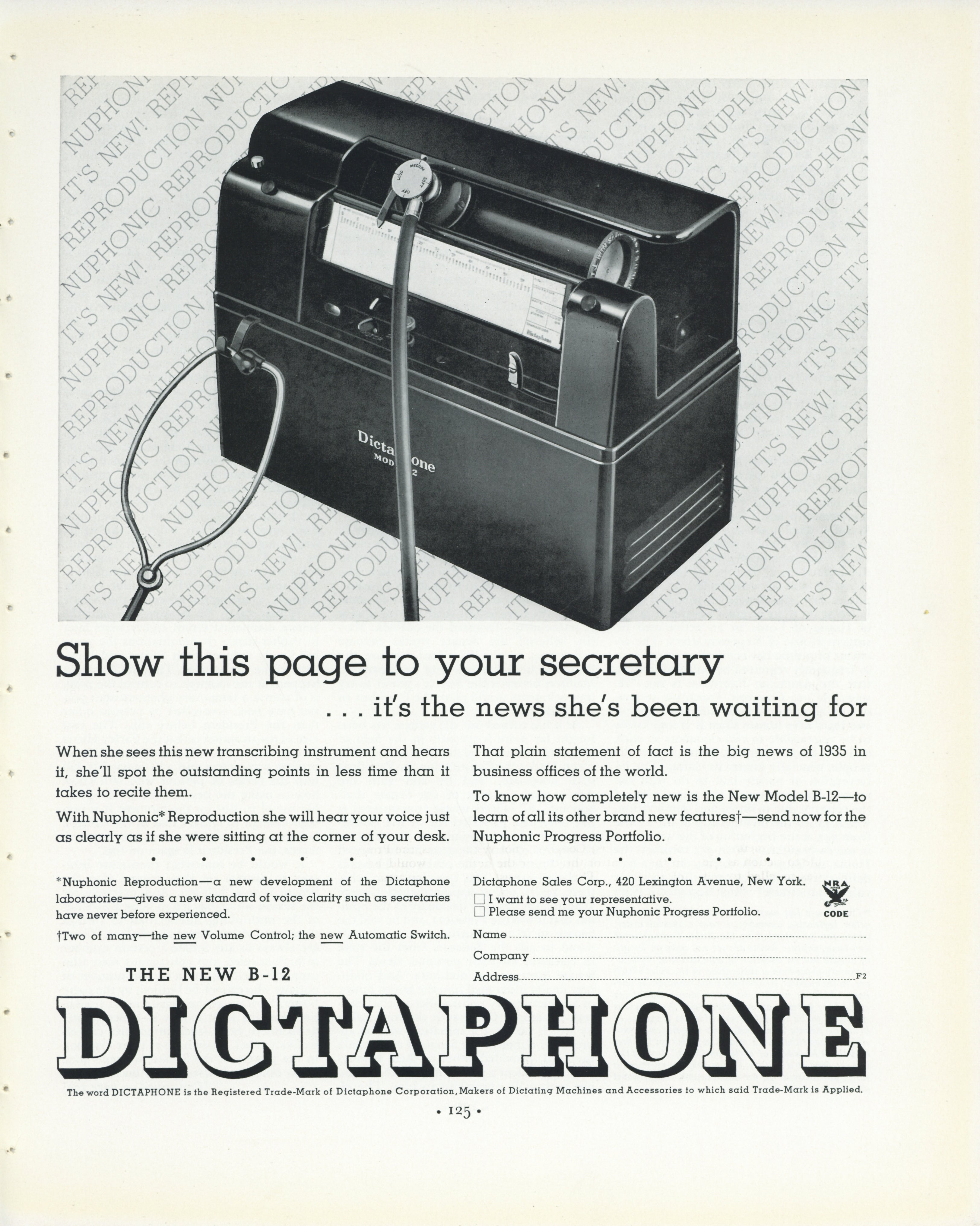 1935 Dictaphone B-12 vintage print advertisement featuring early business transcription machine