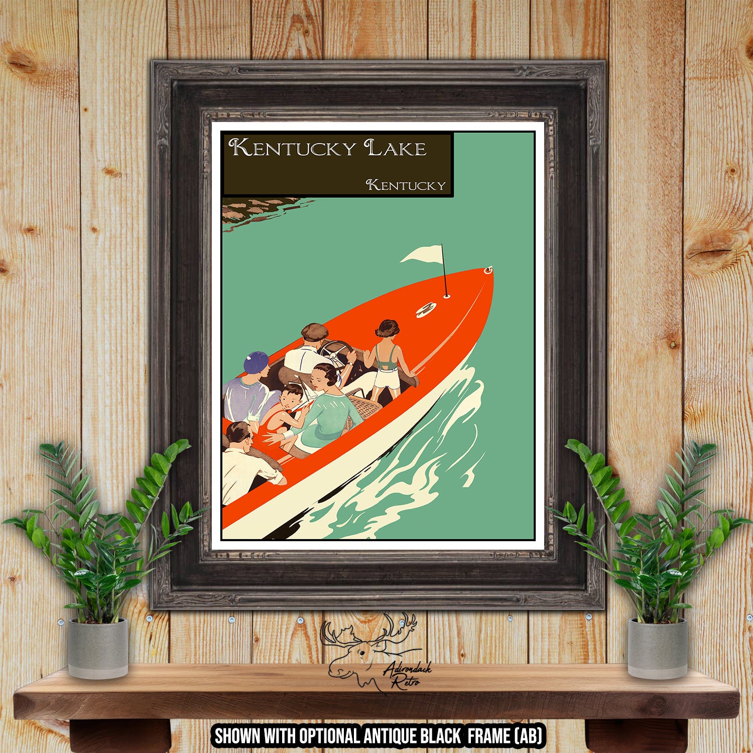 The image is a framed vintage poster of a boat on Kentucky Lake, featuring a group of people enjoying a boat ride.