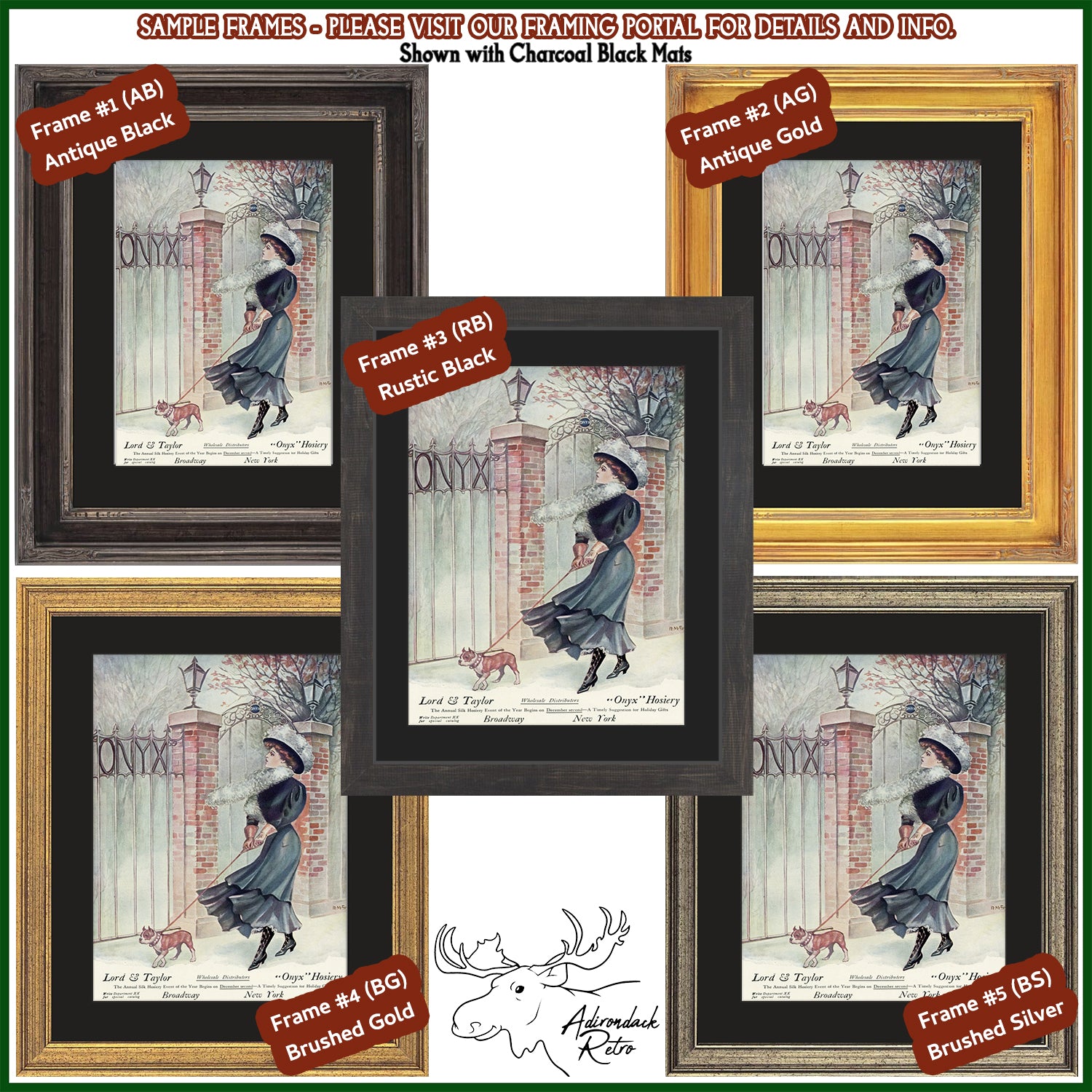 four framed pictures of a woman walking a dog