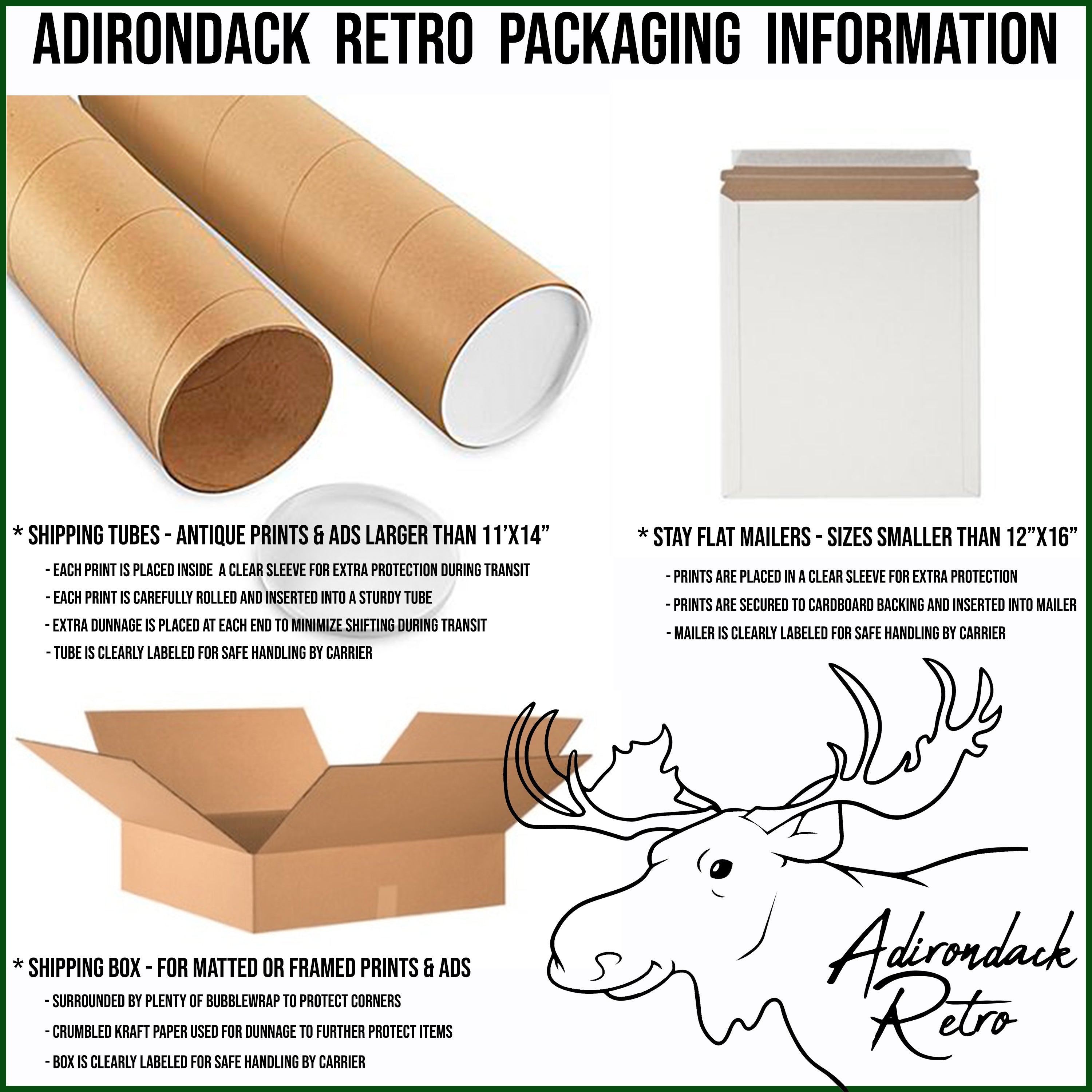 packaging information for Adirondack Retro Packaging, including shipping options for antique prints and ads, flat mailers, and a shipping box for printed or framed prints and ads.