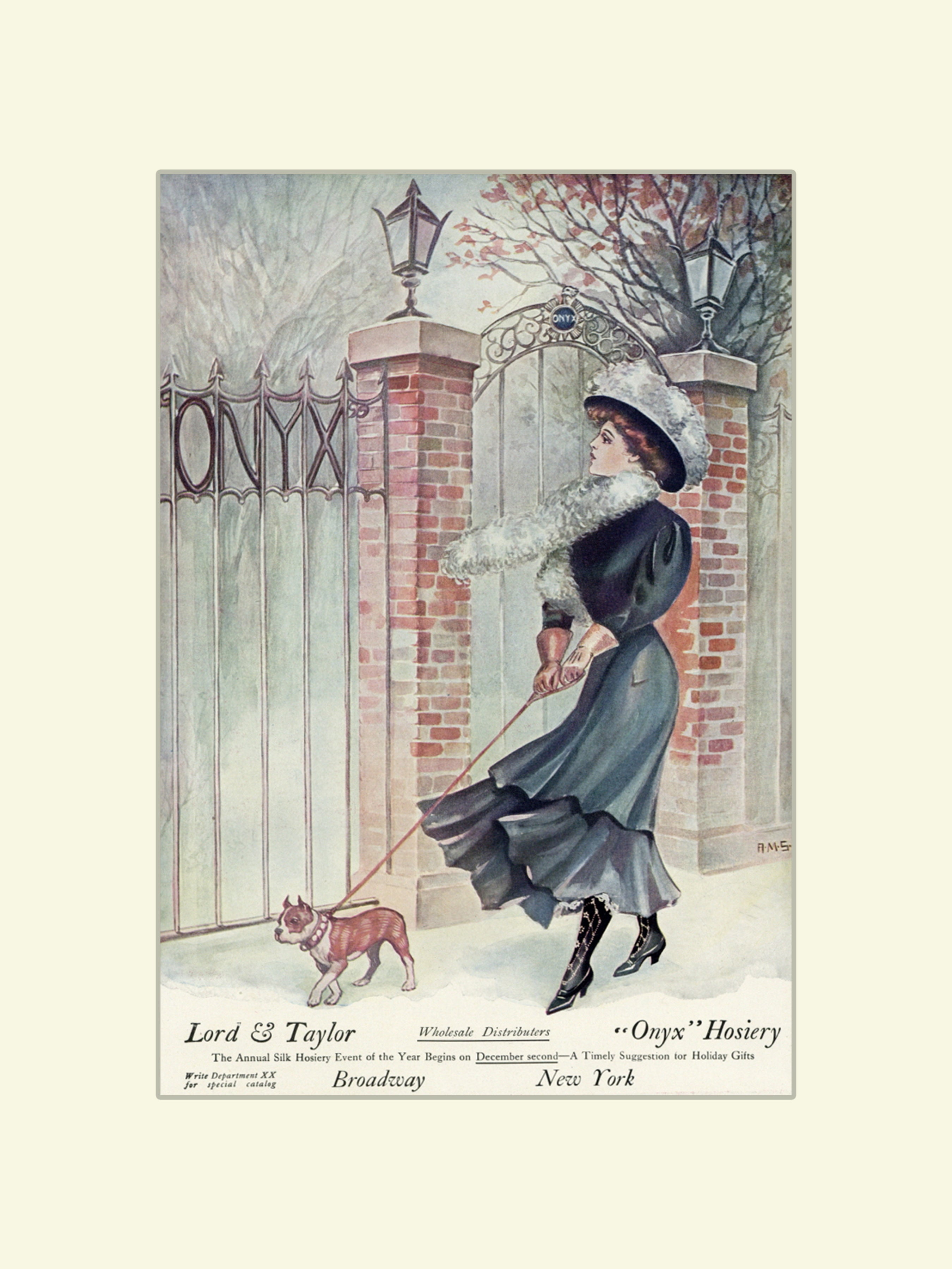The image is a vintage advertisement featuring a woman in a long dress and hat walking a dog in front of a wrought iron gate.