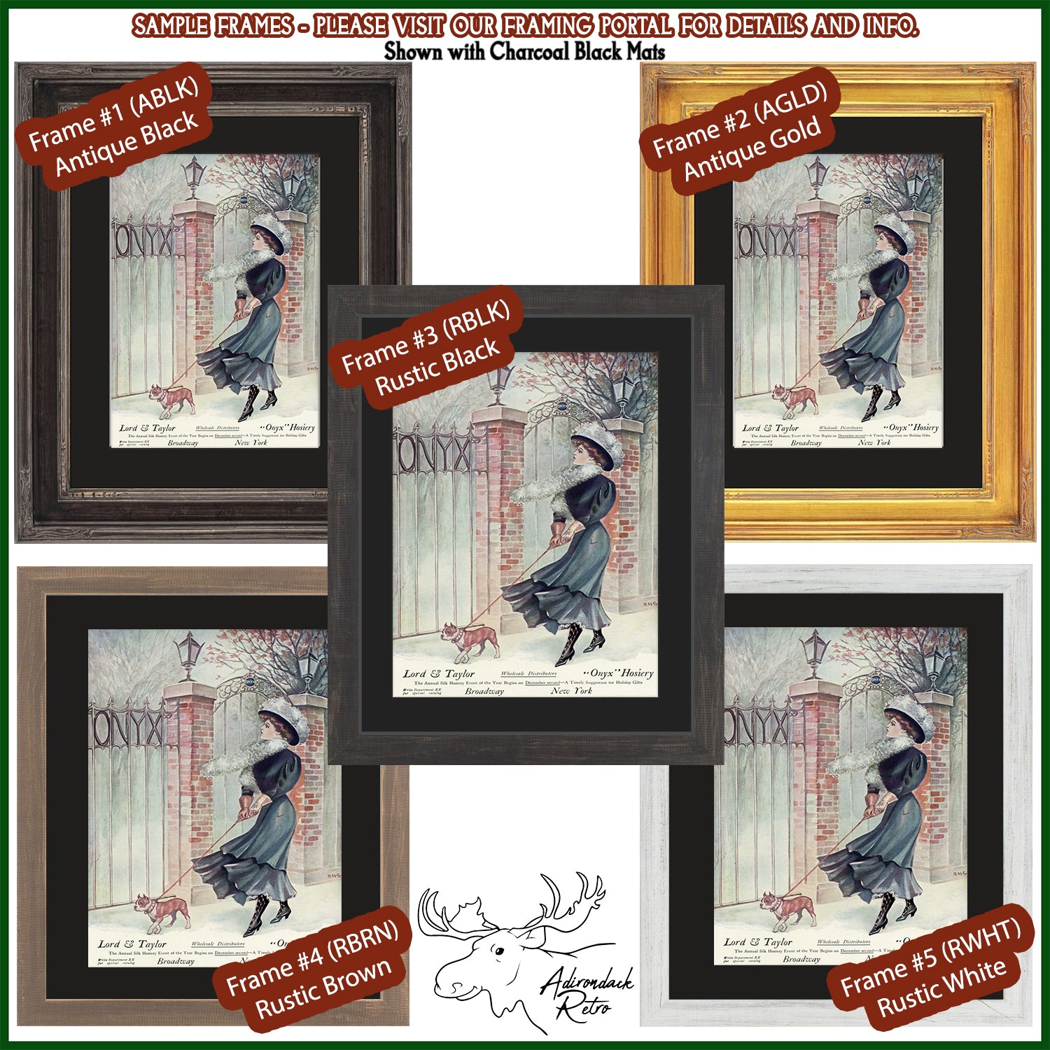 The image is a collage of five framed artworks depicting a woman walking a dog in various styles of framing, including antique black, antique gold, rustic brown, rustic white, and a black and white image.