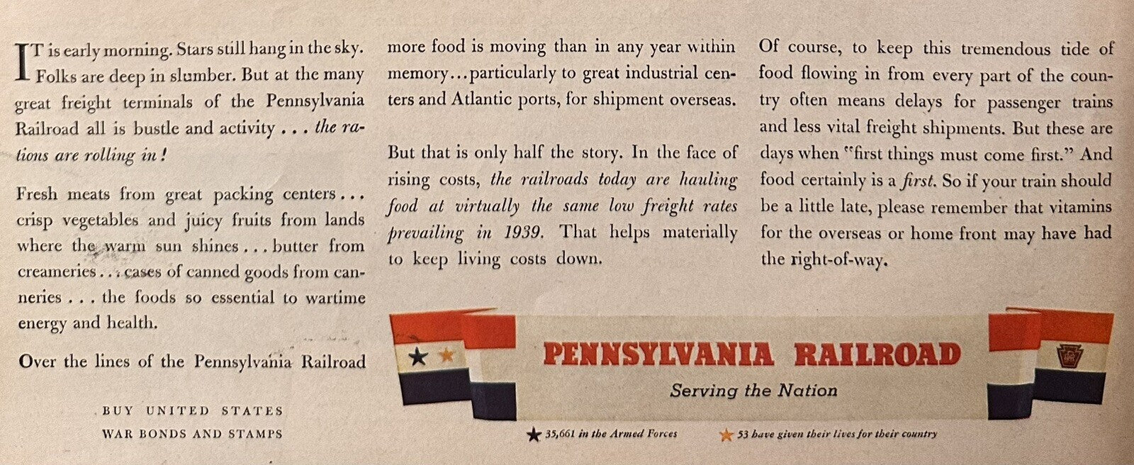 1943 Pennsylvania Railroad Illustrated Print Ad, WW2 Era, War Bonds &amp; Stamps