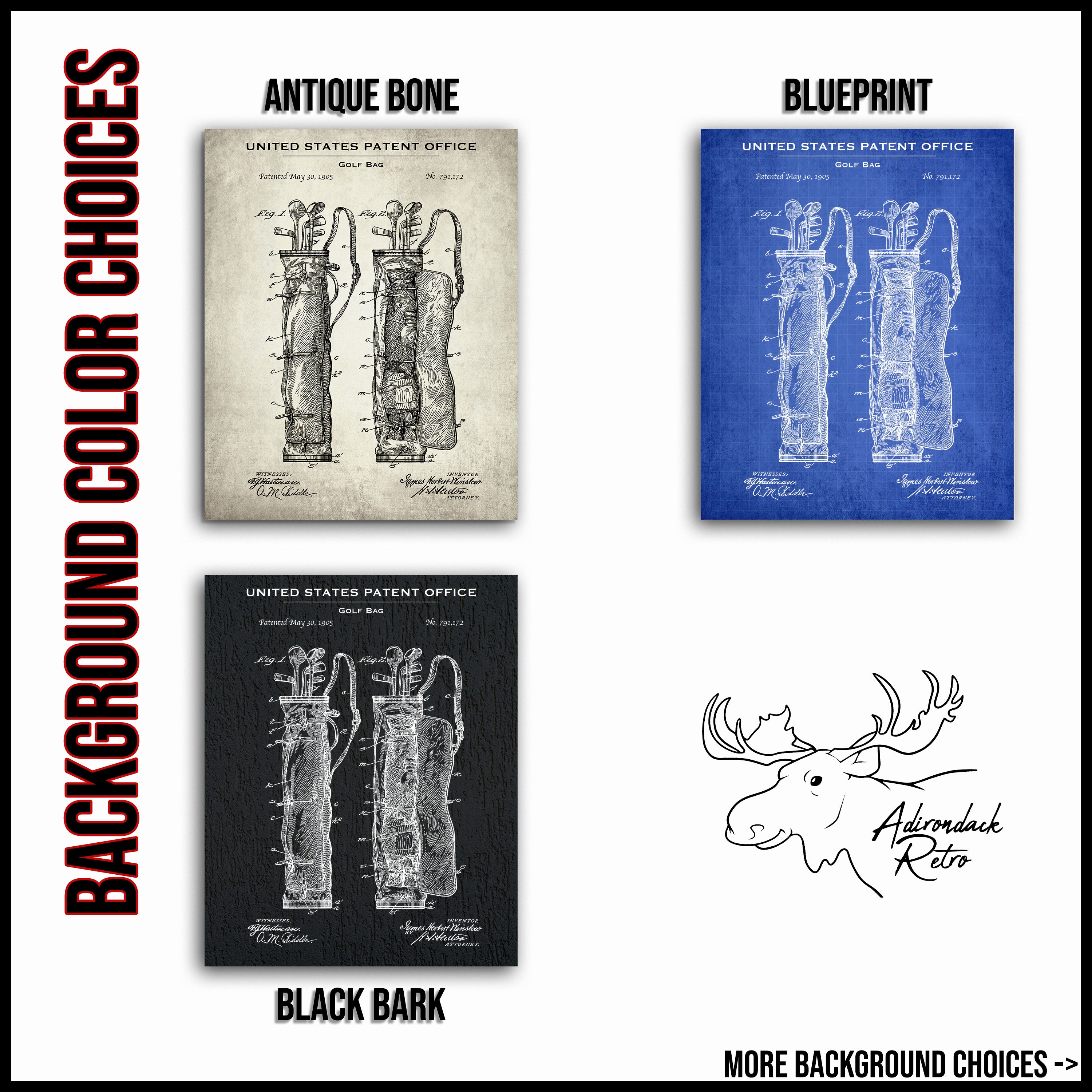 four different color choices for a background, including a black bark, a blueprint, a black bone, and a blueprint, along with a black moose illustration.