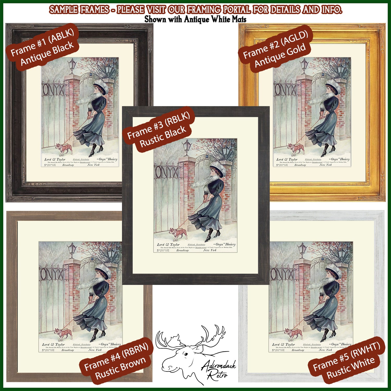 The image is a collage of five framed vintage illustrations depicting a woman in a black dress and hat, with a dog, in various styles of frames including antique black, antique gold, rustic brown, rustic white, and antique white.