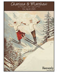 a couple of people riding skis on top of a snow covered slope