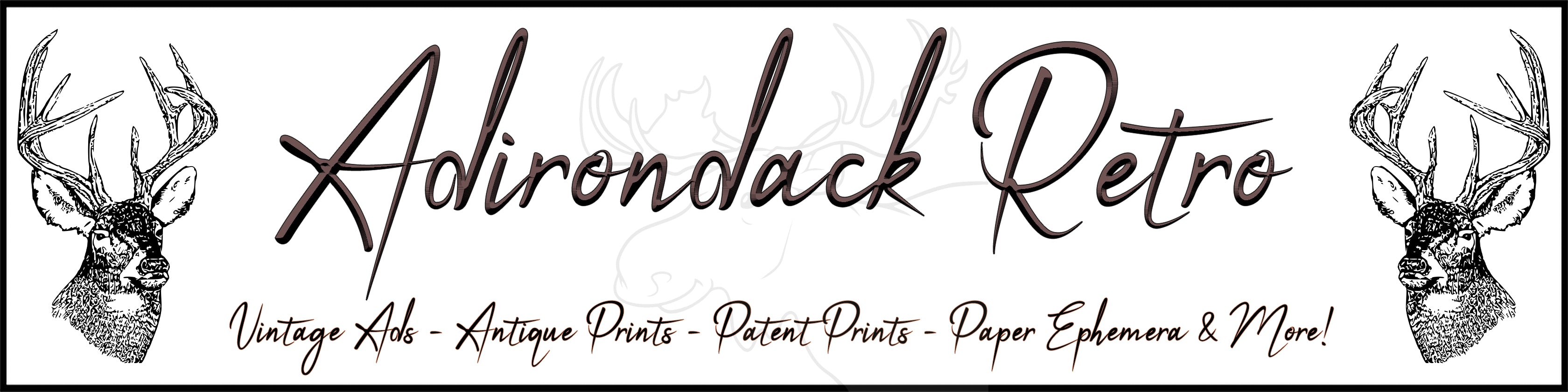 “Adirondack Retro vintage art brand banner featuring deer logos and tagline highlighting Vintage Ads, Antique Prints, Patent Prints, and Paper Ephemera.”
