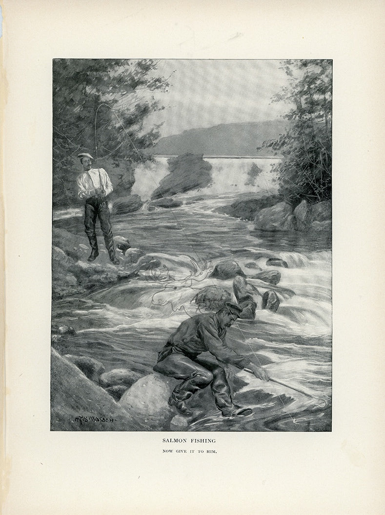 1902 Salmon Fishing - Now Give It To Him Antique Henry Sumner Watson Print at Adirondack Retro