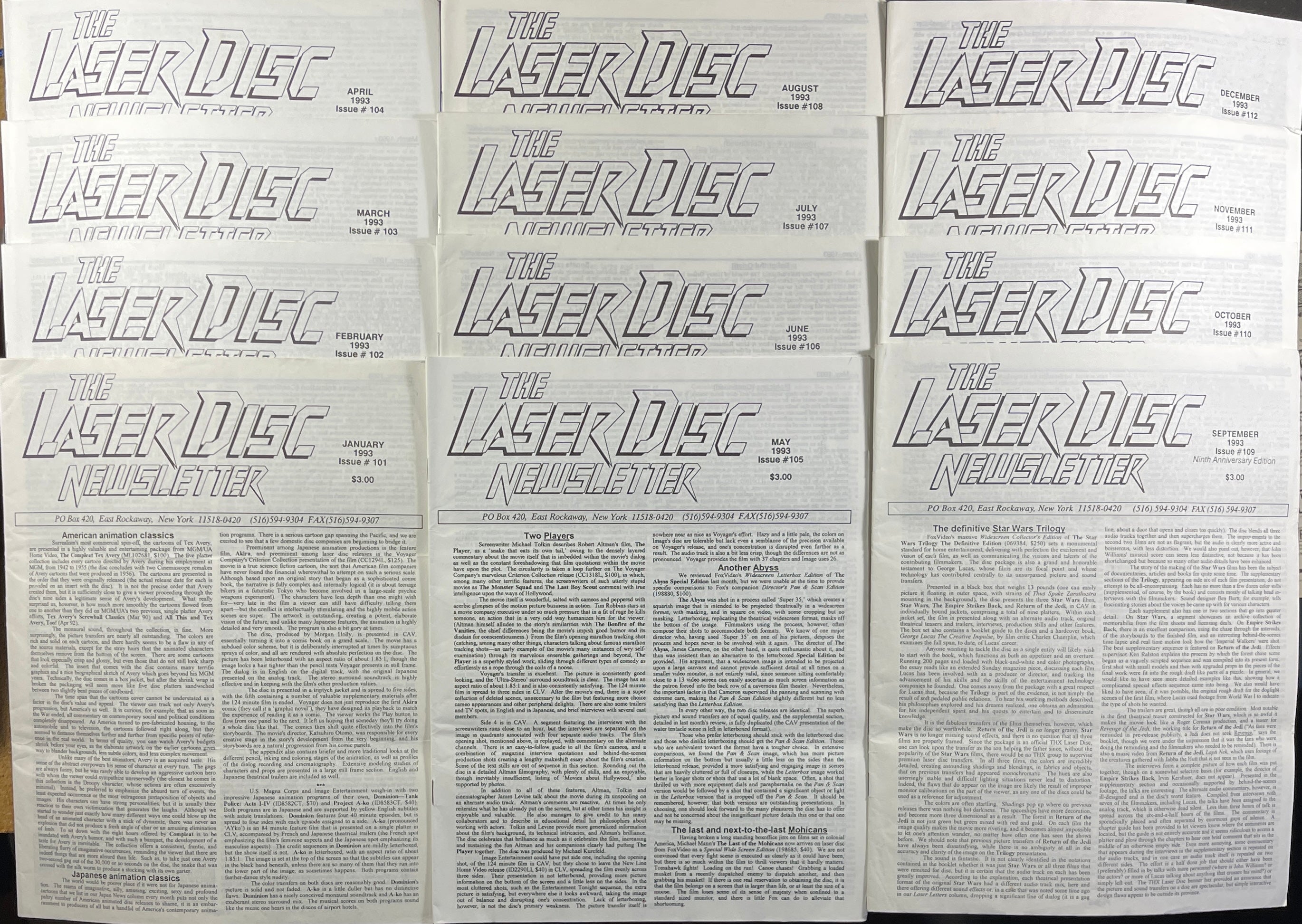 Laser Disc Newsletter - 1993 Complete Year - 12 Issues at Adirondack Retro
