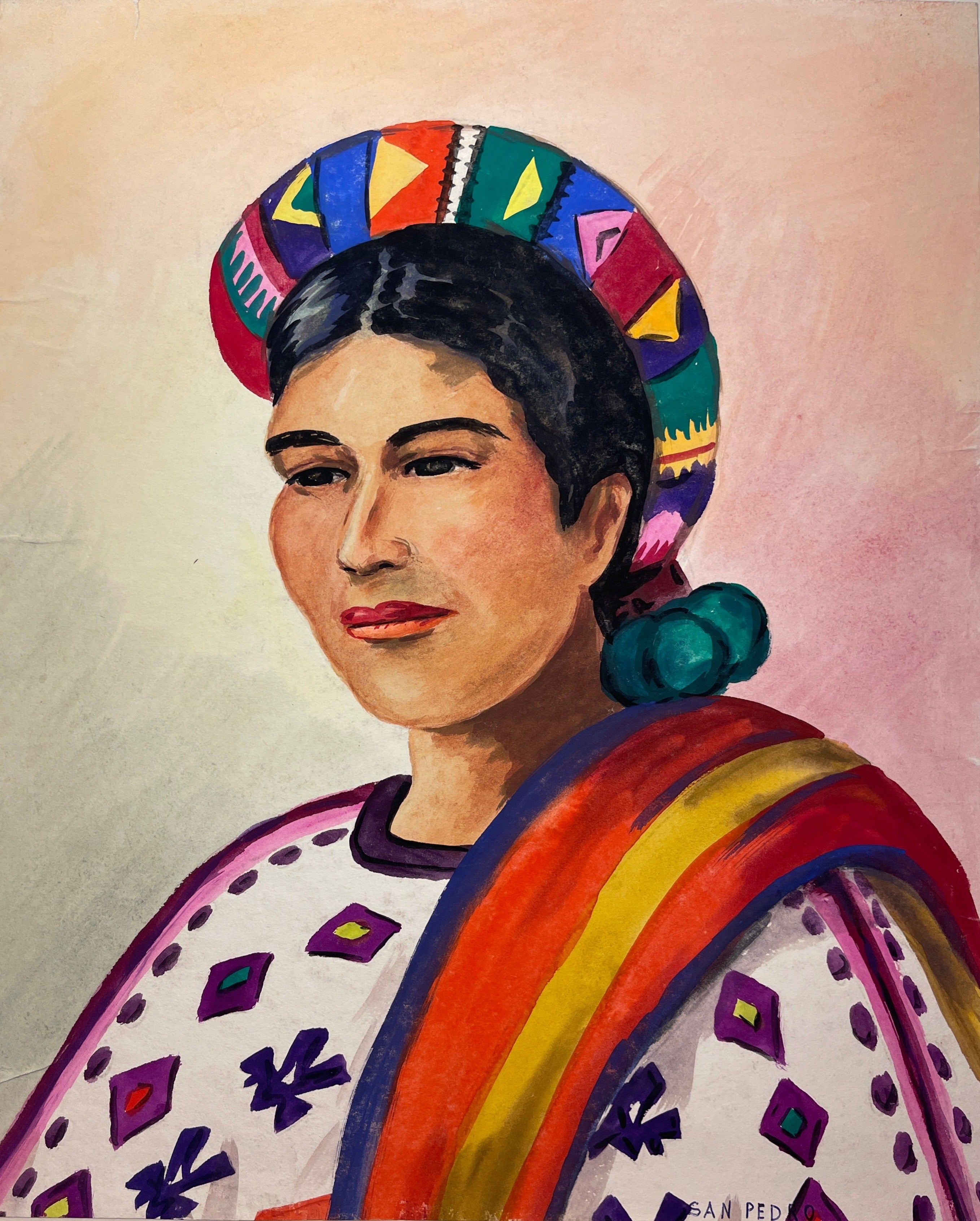 Maria Navas 1950 Signed Watercolor Painting - Mayan Woman Portrait - San Pedro at Adirondack Retro