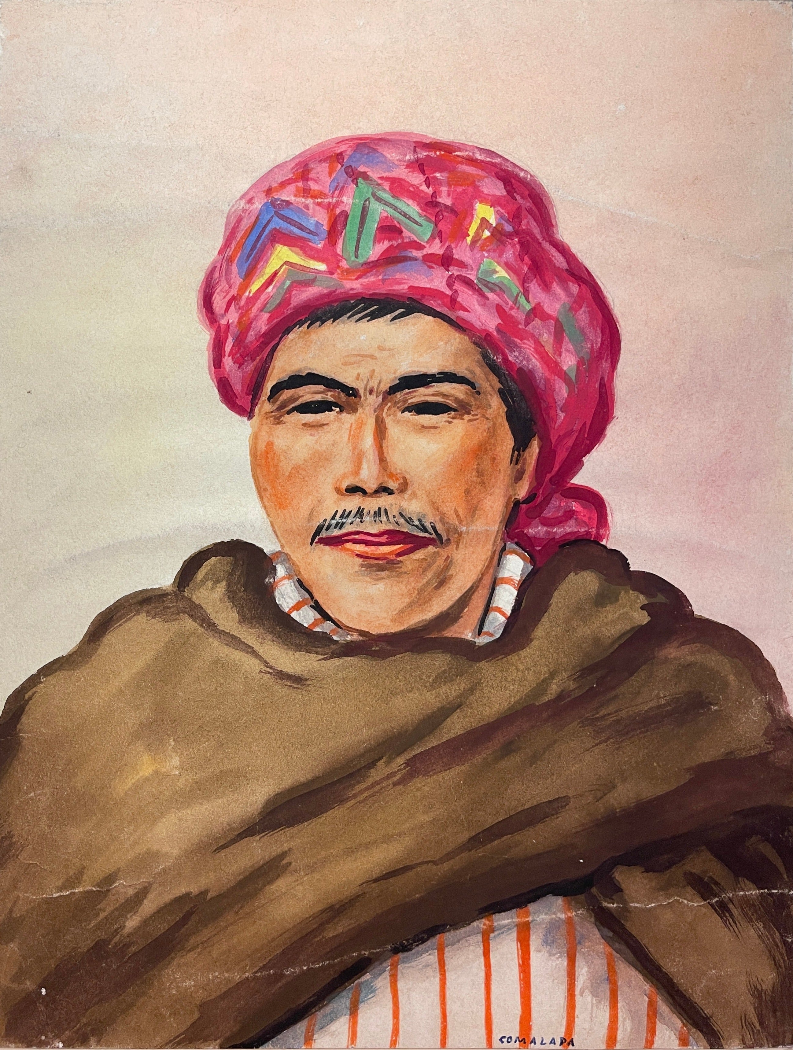 Maria Navas 1950 Signed Watercolor Painting - Mayan Man Portrait - Comalapa at Adirondack Retro