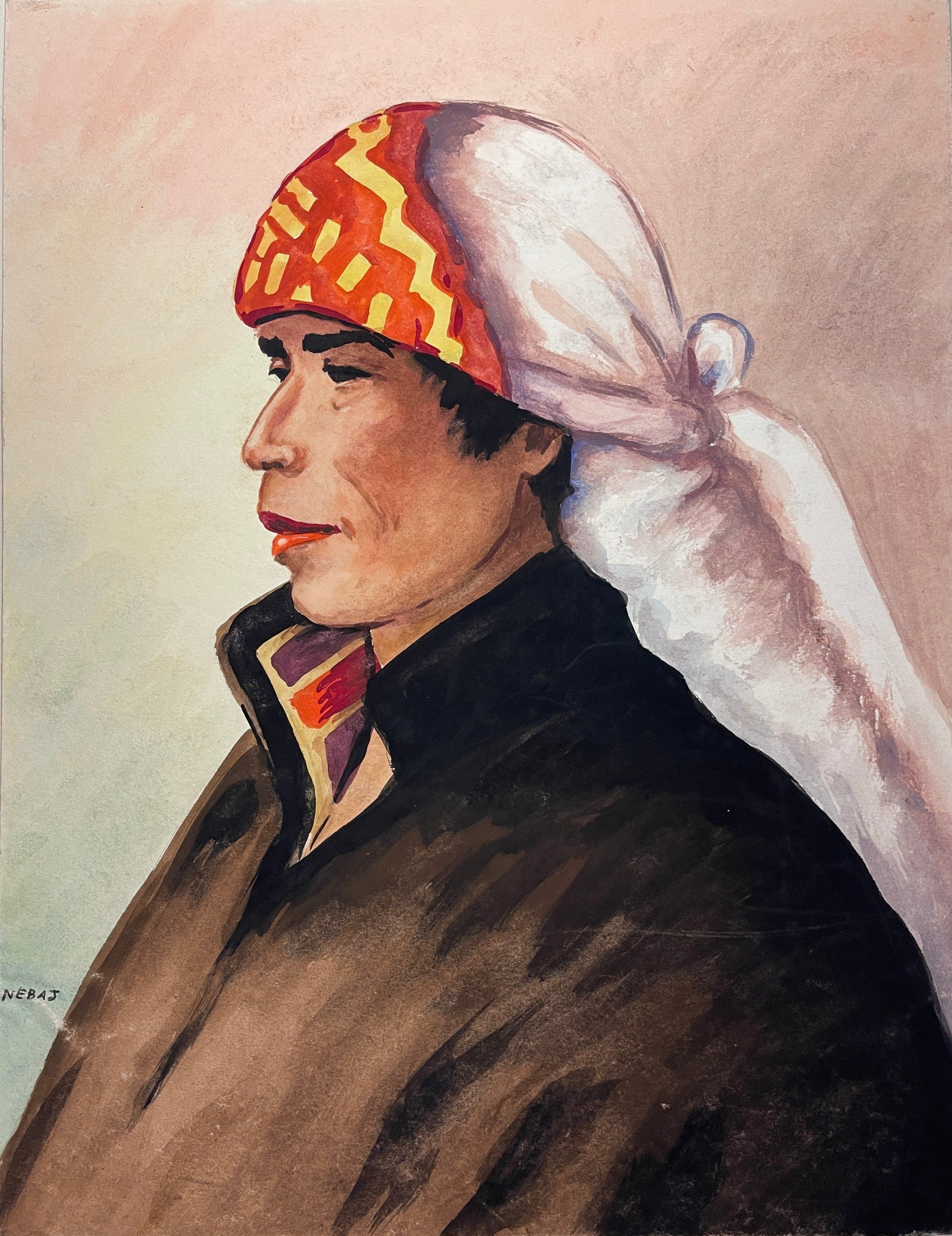 Maria Navas 1950 Signed Watercolor Painting - Mayan Man Portrait - Nebaj at Adirondack Retro