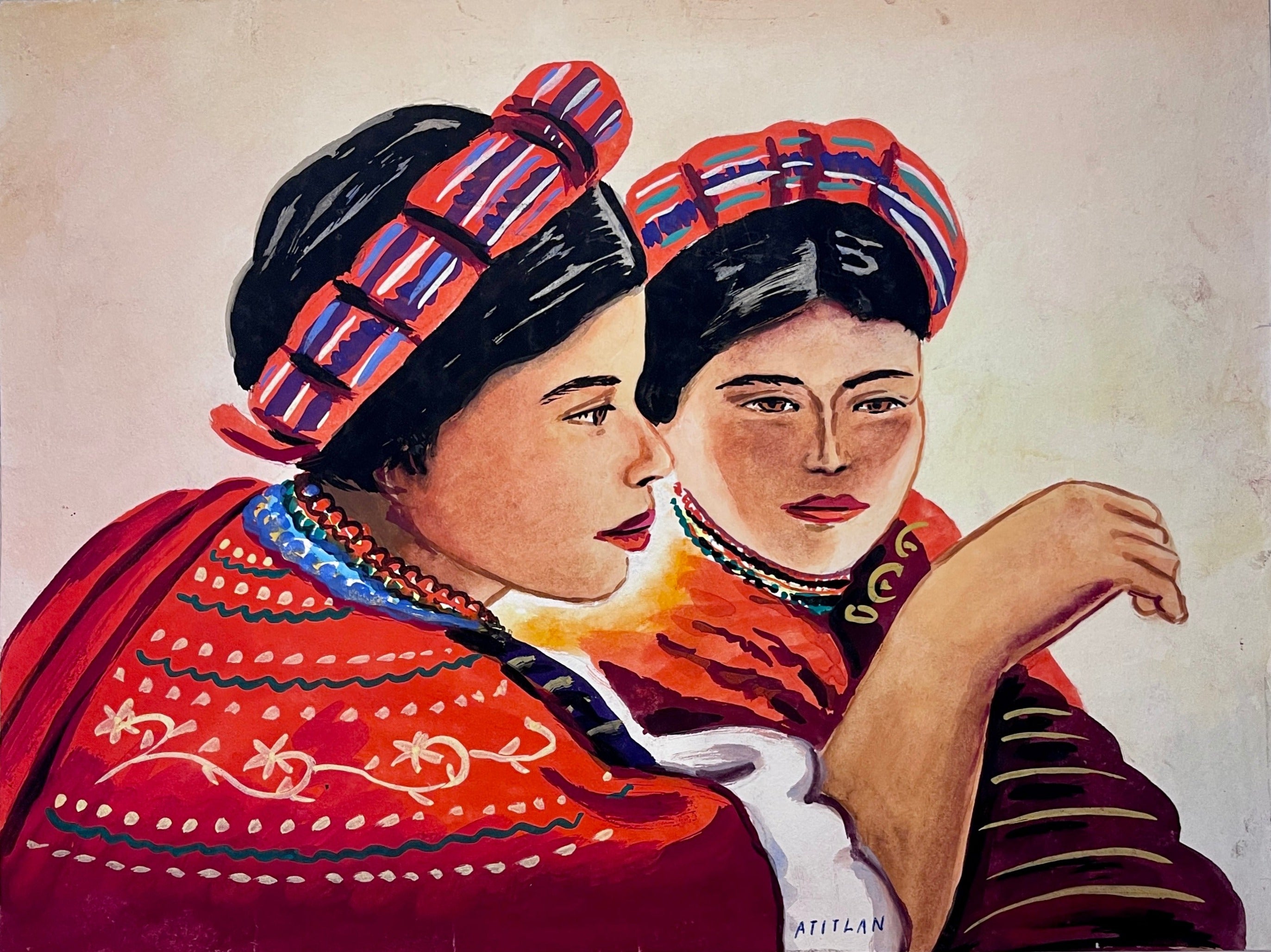 Maria Navas 1950 Signed Watercolor Painting - Two Mayan Woman - Atitlan at Adirondack Retro
