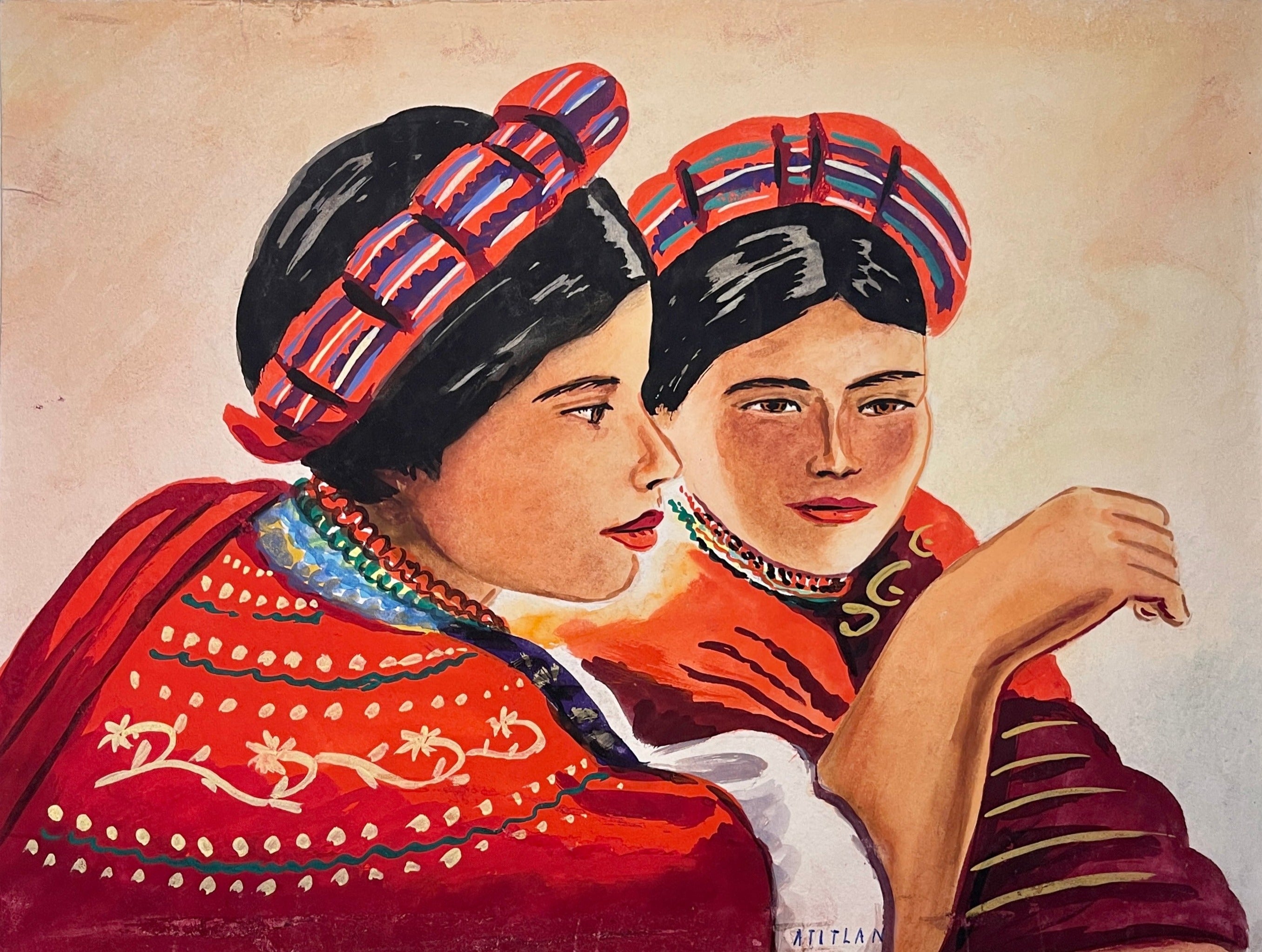 Maria Navas 1950 Signed Watercolor Painting - Two Guatemalan Woman - Atitlan at Adirondack Retro