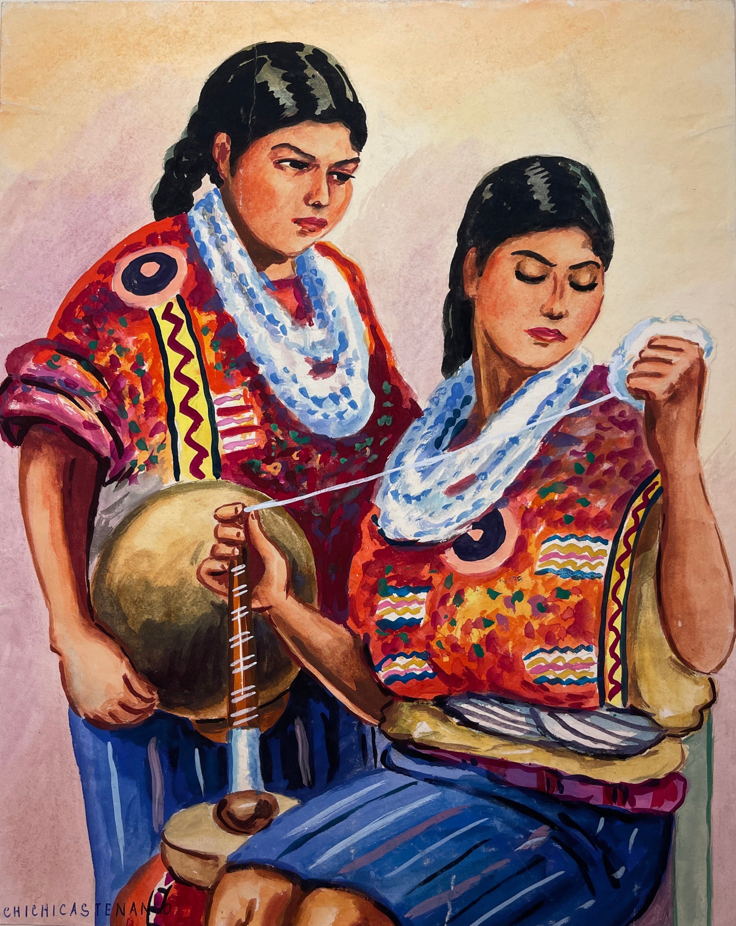 Maria Navas 1950 Signed Watercolor Painting - Two Mayan Woman Knitting - Chichicastenango at Adirondack Retro