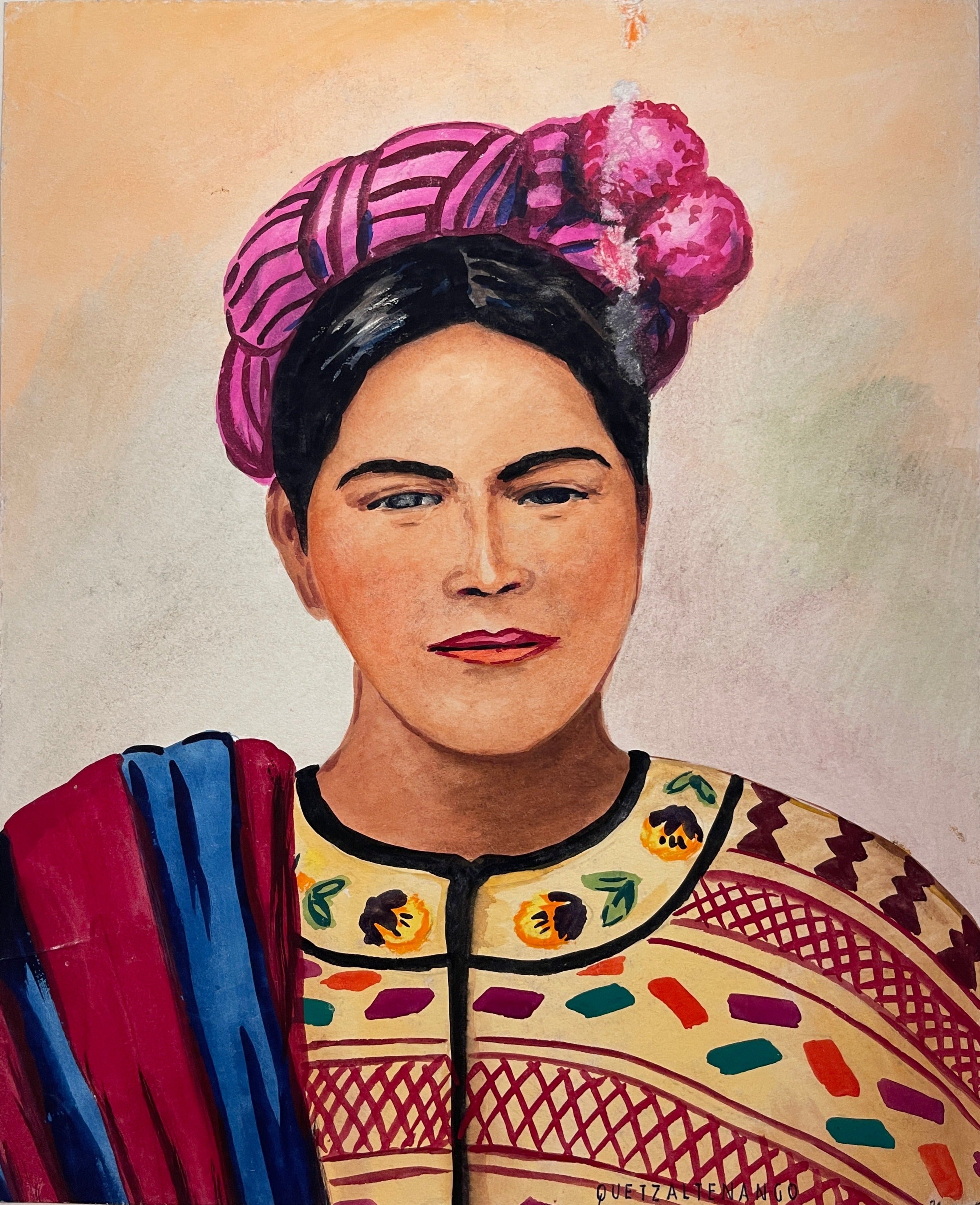 Maria Navas 1950 Signed Watercolor Painting - Mayan Woman Portrait - Quetzaltenango at Adirondack Retro