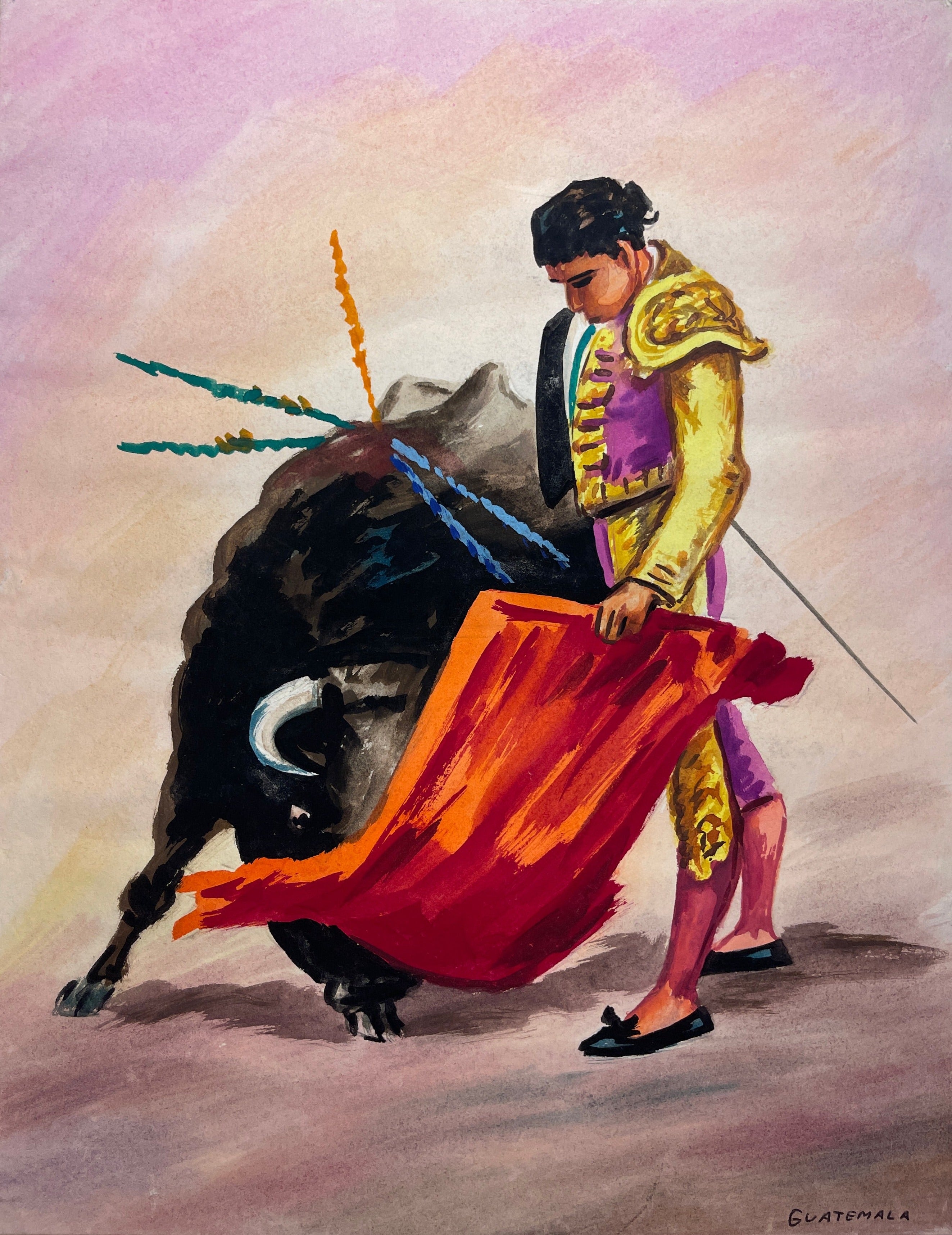 Maria Navas 1950 Signed Watercolor Painting - Guatemalan Matador - Bullfighter at Adirondack Retro