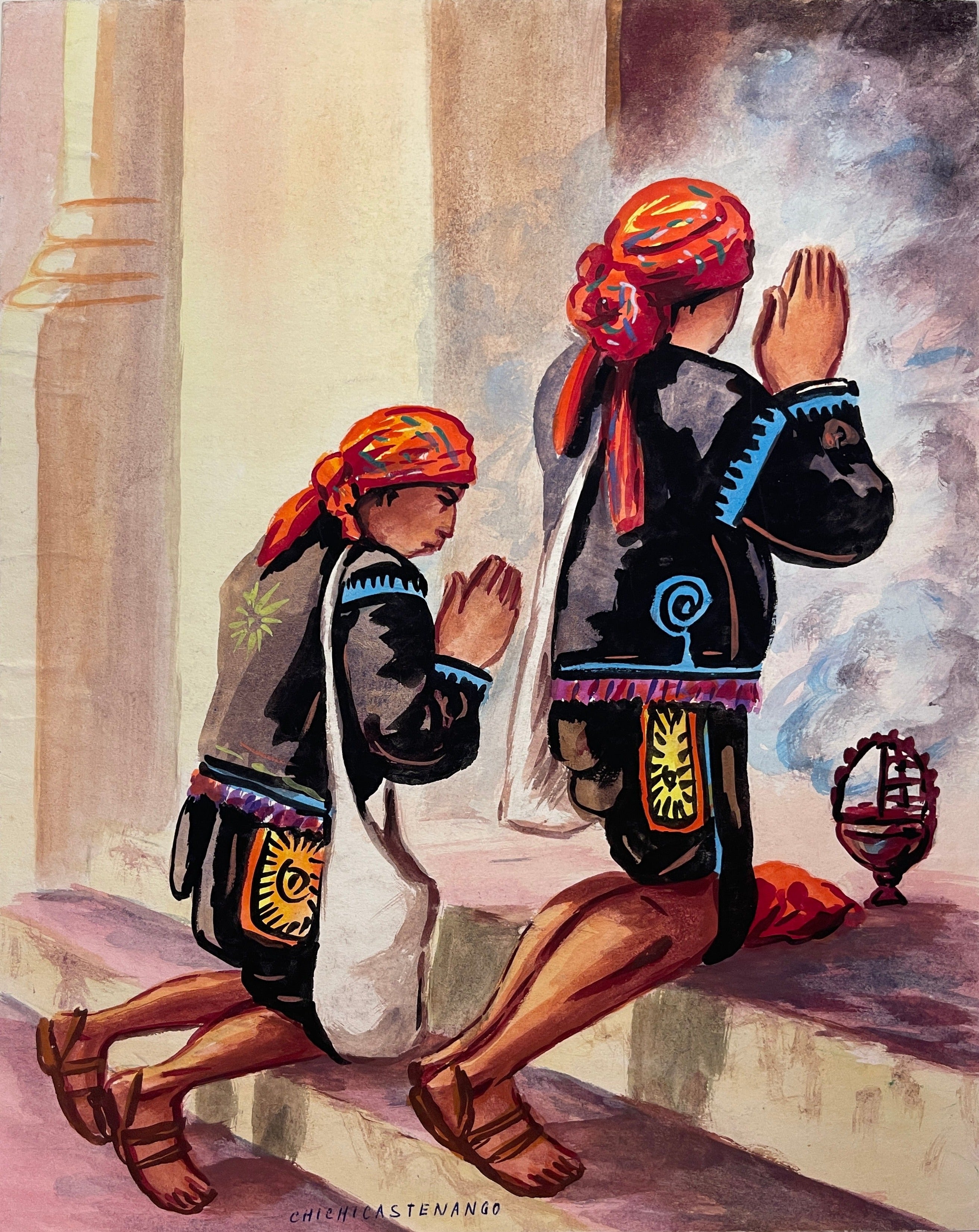 Maria Navas 1950 Signed Watercolor Painting - 2 Mayan People Praying at Adirondack Retro