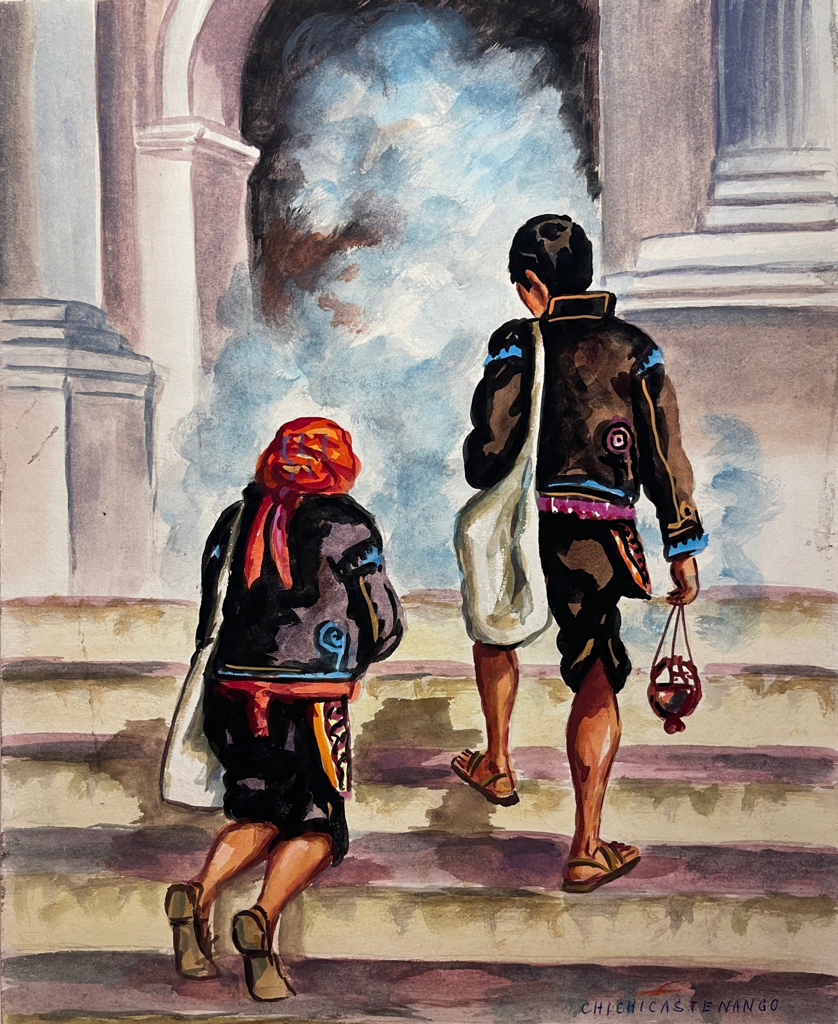 Maria Navas 1950 Signed Watercolor Painting - 2 Mayan People At Temple at Adirondack Retro