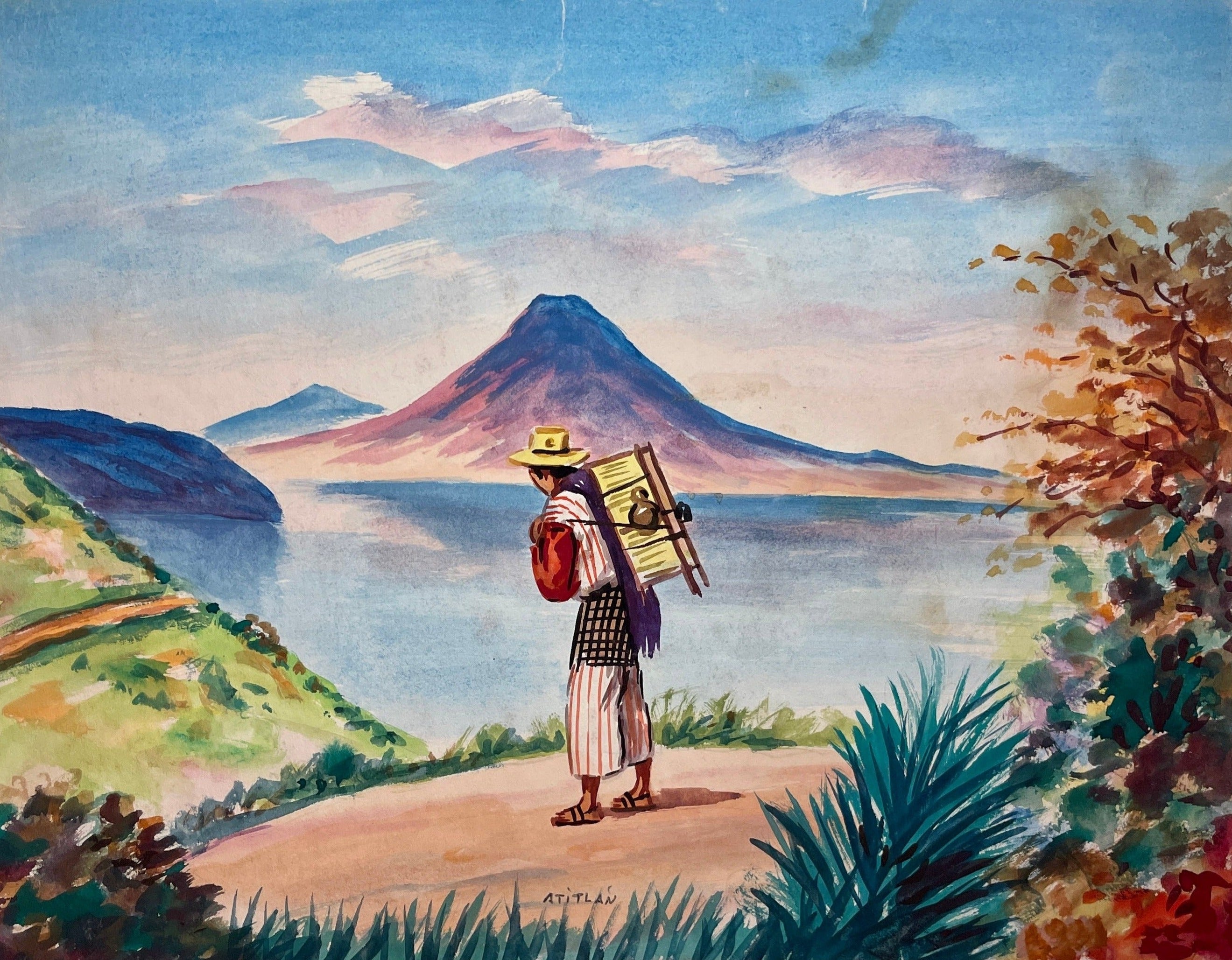 Maria Navas 1950 Signed Watercolor Painting - Mayan Hiker Lake Atitlan at Adirondack Retro