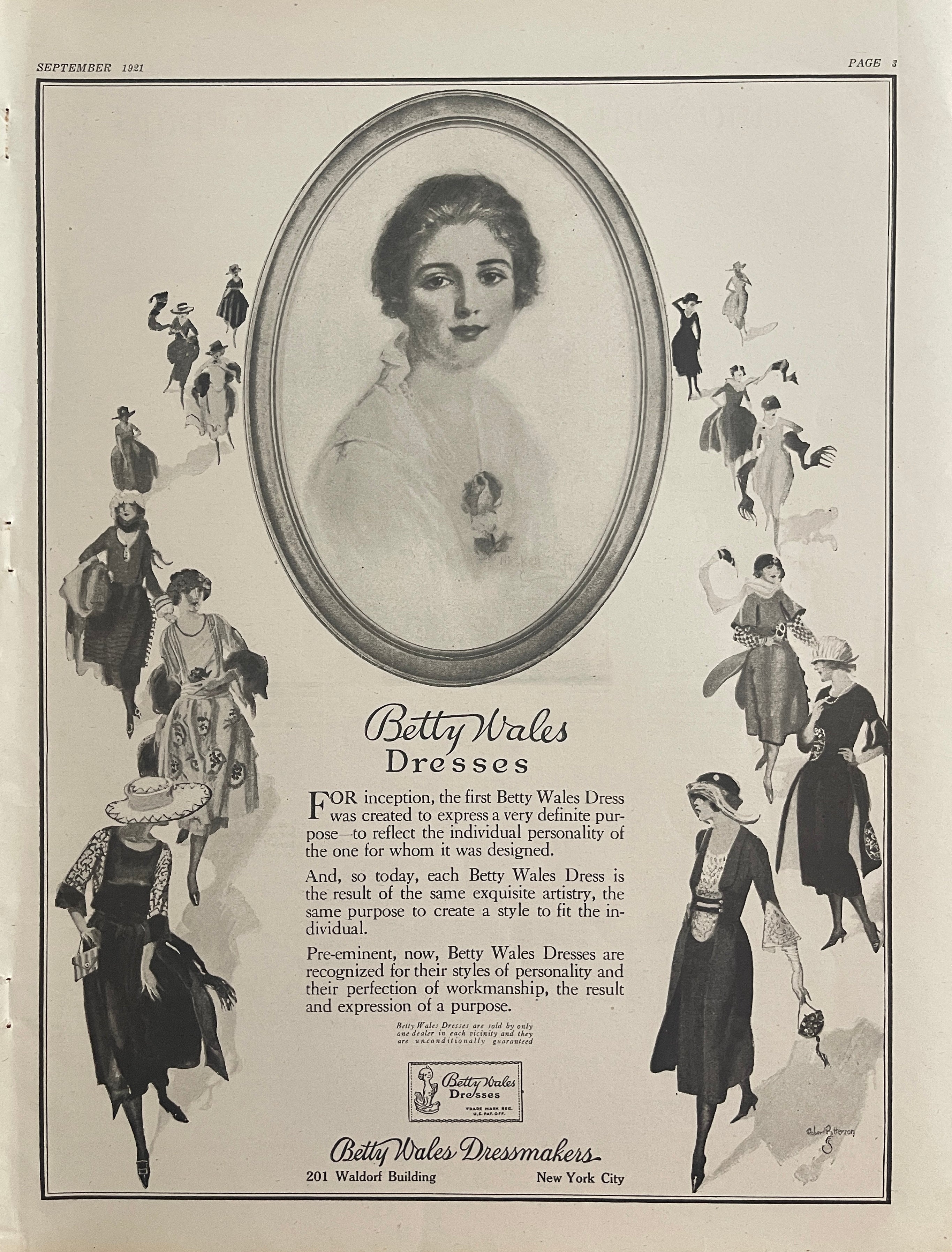 September 1921 Betty Wales Dresses vintage fashion advertisement featuring illustrated women’s dresses and central portrait, New York City.