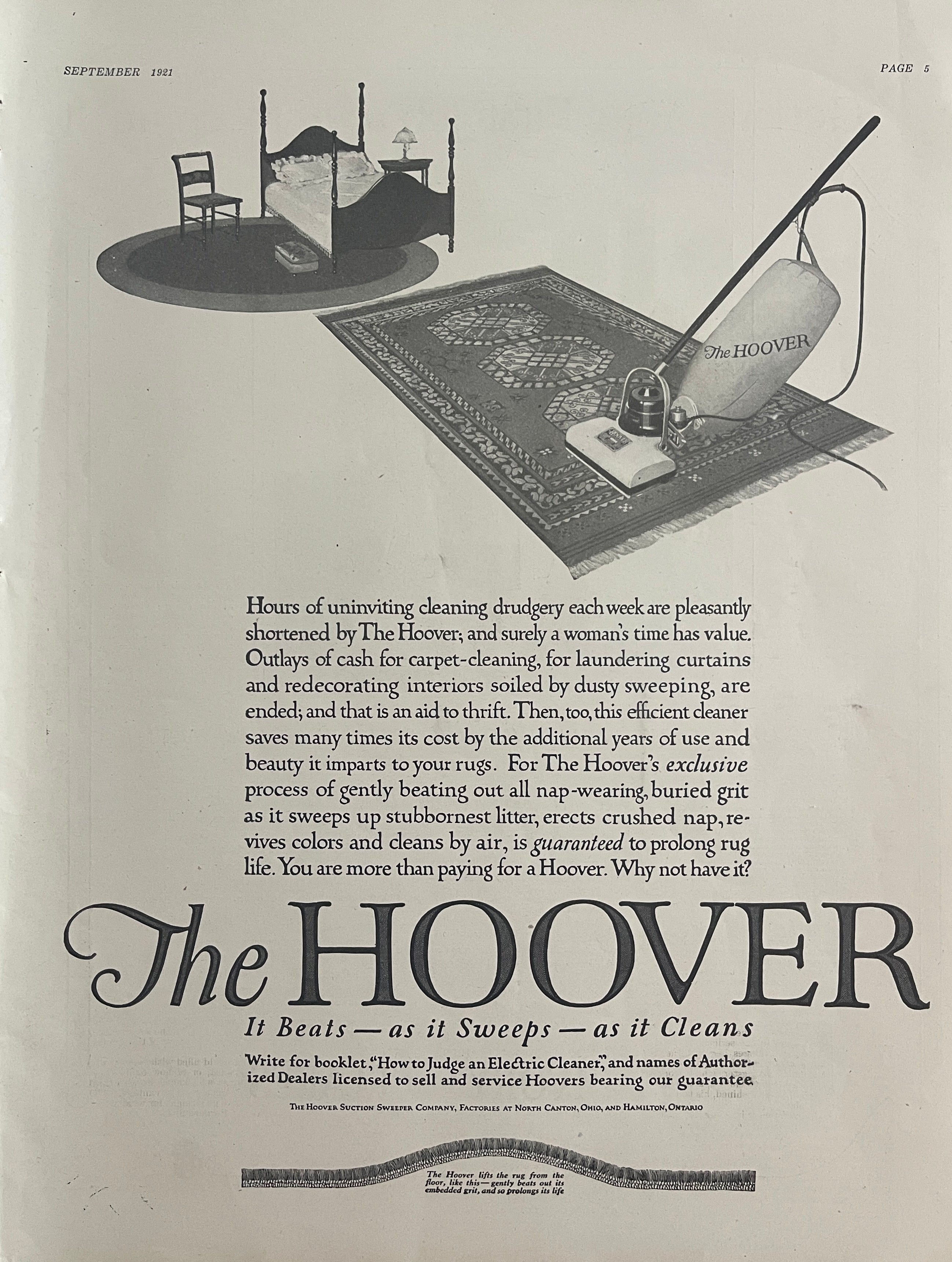 September 1921 Hoover vacuum cleaner vintage magazine advertisement showing early electric vacuum cleaning a patterned rug.