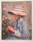 Vintage magazine illustration titled The Parisian Hat by W. W. Gilchrist showing woman in pink hat holding flowers.