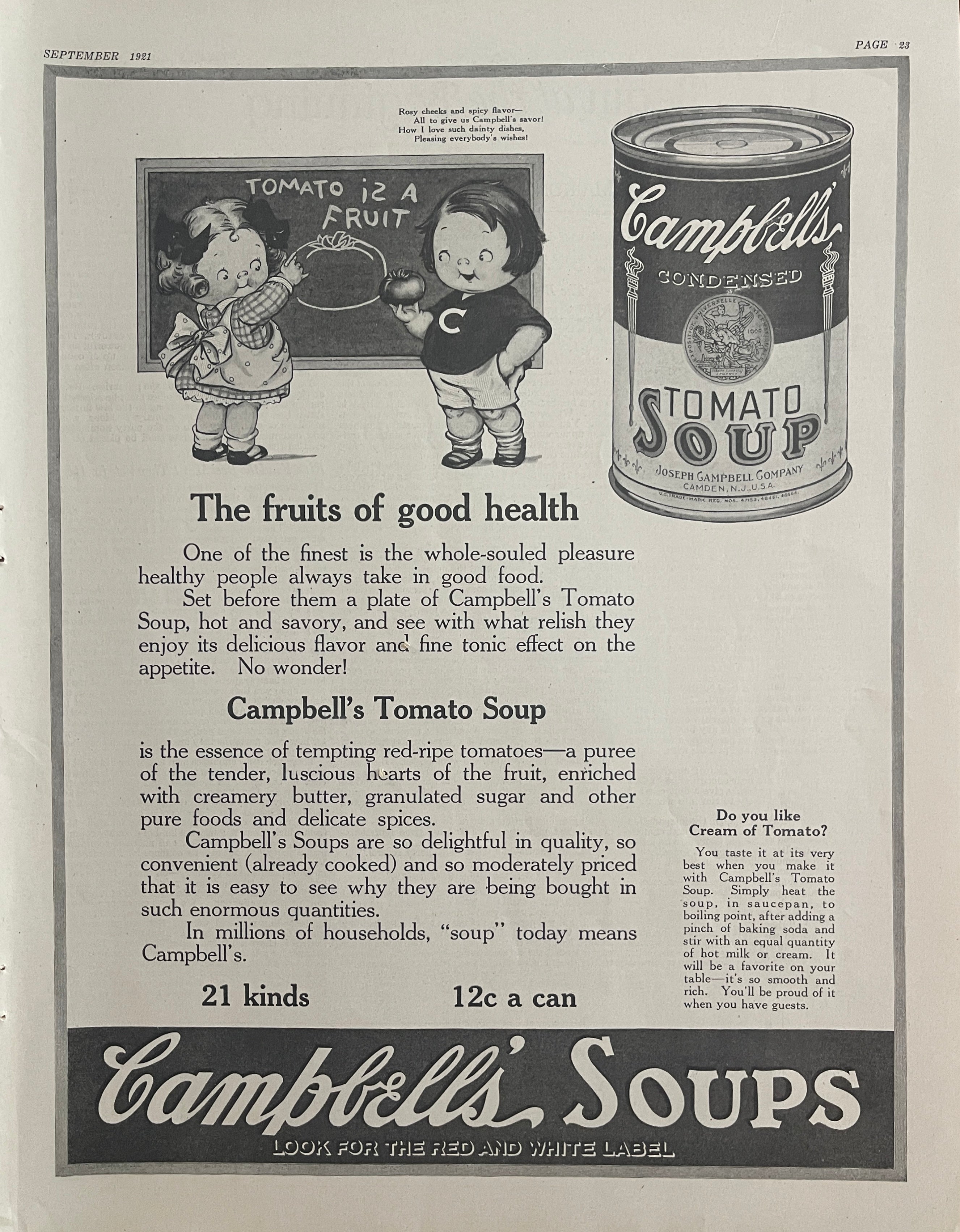 1921 Campbell’s Tomato Soup vintage magazine advertisement showing illustrated children and classic red-and-white soup can.