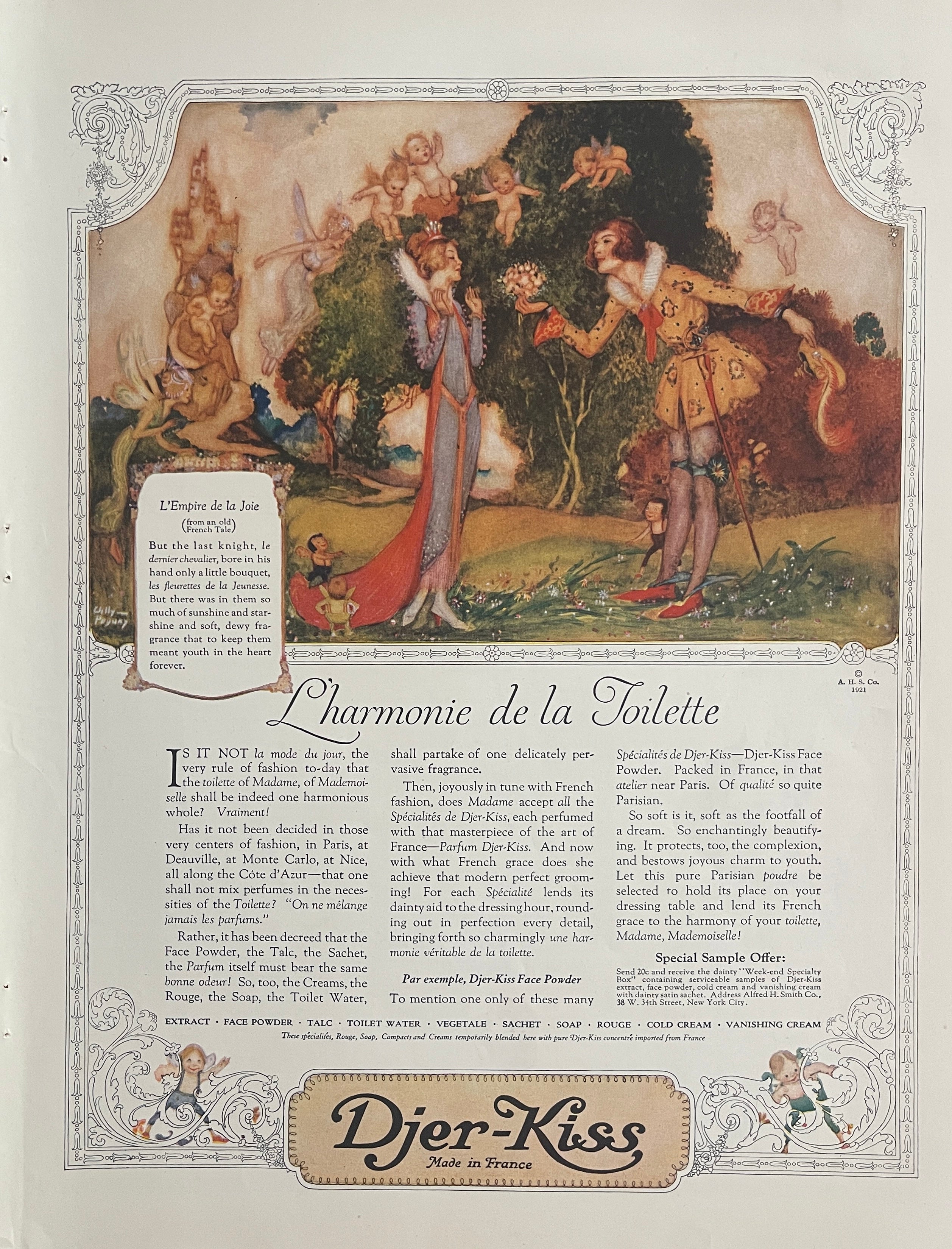1921 Djer-Kiss perfume vintage magazine advertisement with romantic French illustration, cherubs, and luxury fragrance branding.