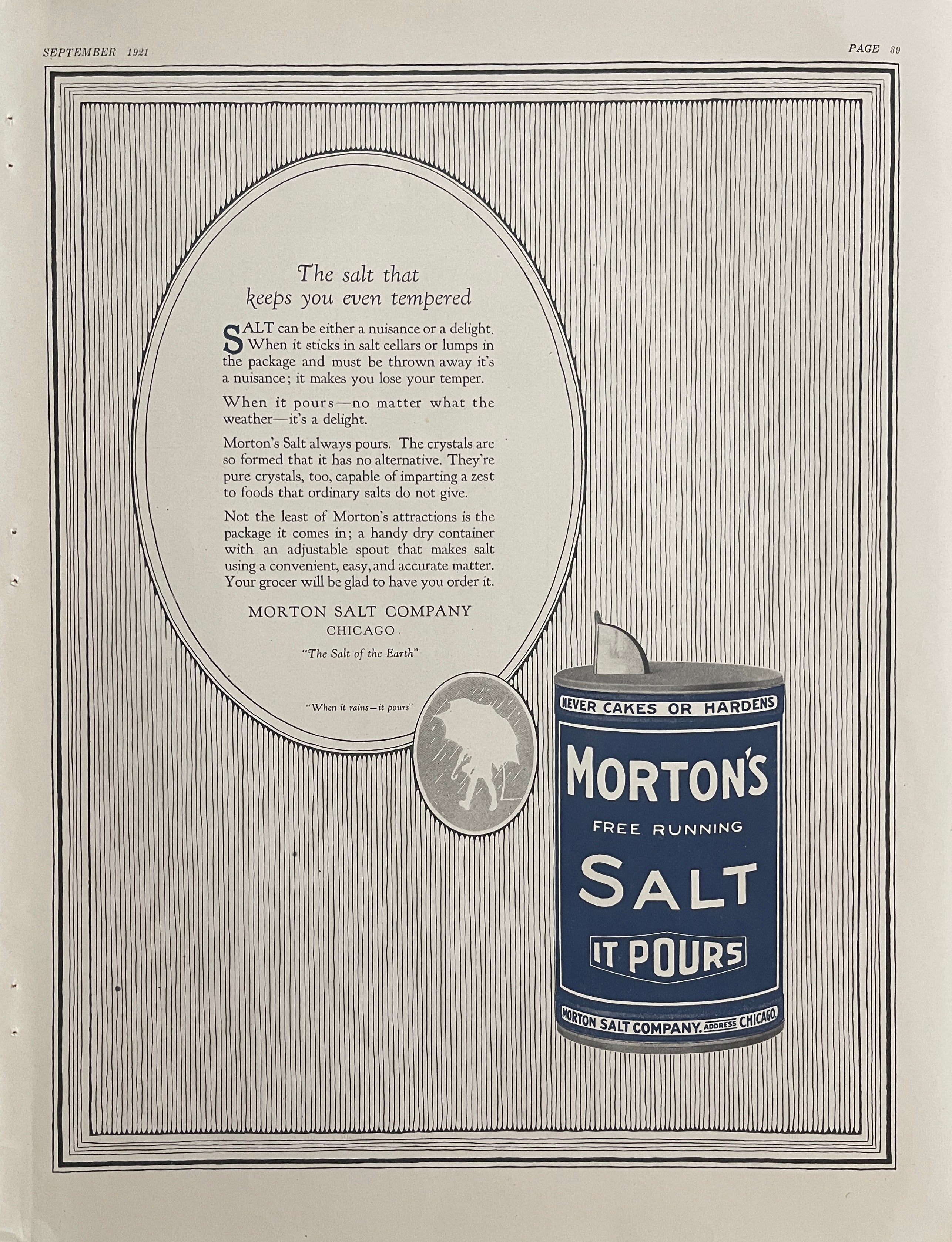 1921 Morton’s Salt vintage magazine advertisement from Chicago featuring the “It Pours” container and classic early 20th-century household branding.