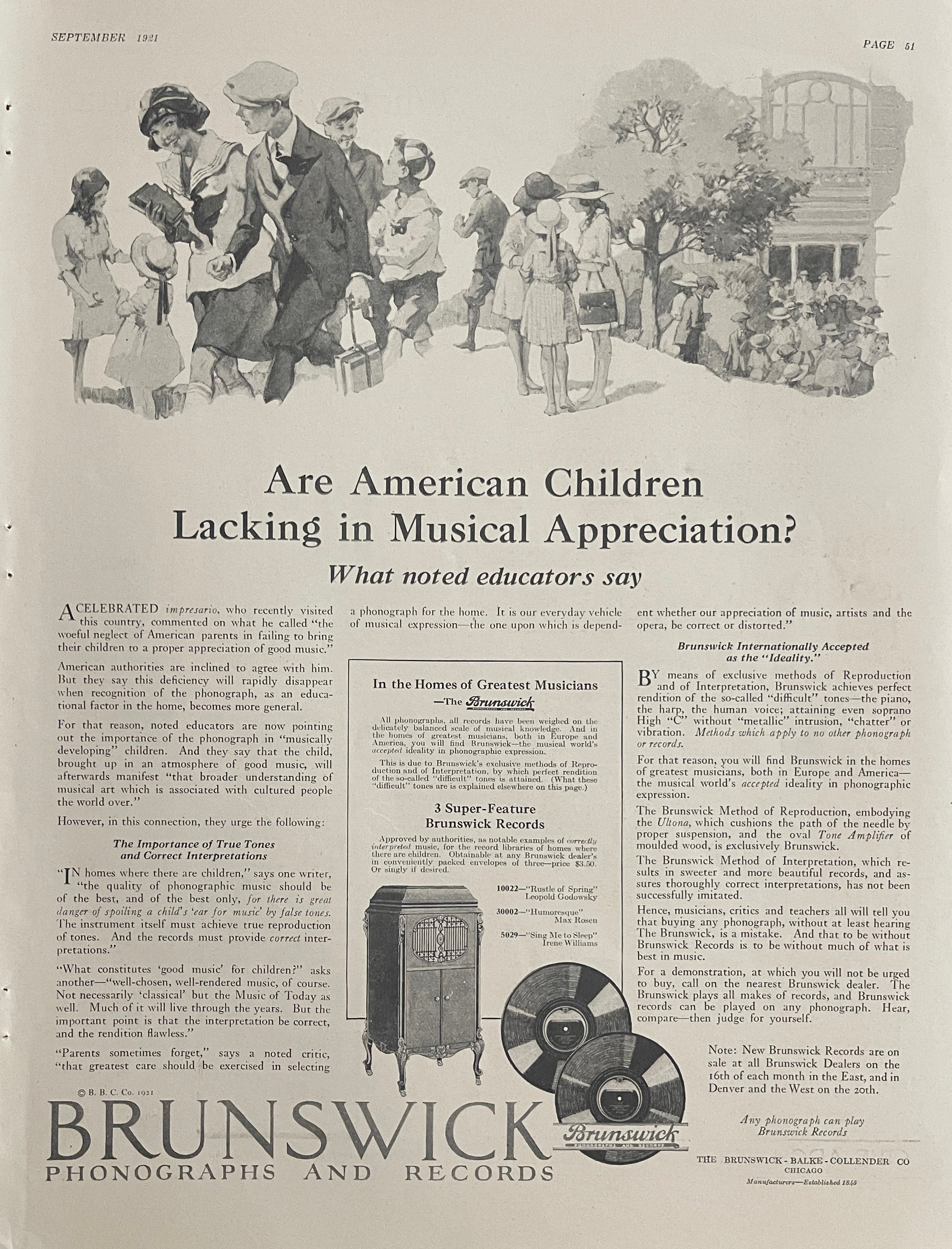 1921 Brunswick Phonographs and Records vintage magazine advertisement promoting music education and early home audio technology by the Chicago-based Brunswick-Balke-Collender Company.