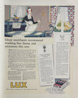 1921 Lux Soap vintage magazine advertisement showing fine linen and cretonne care in an elegant domestic interior by Lever Brothers.