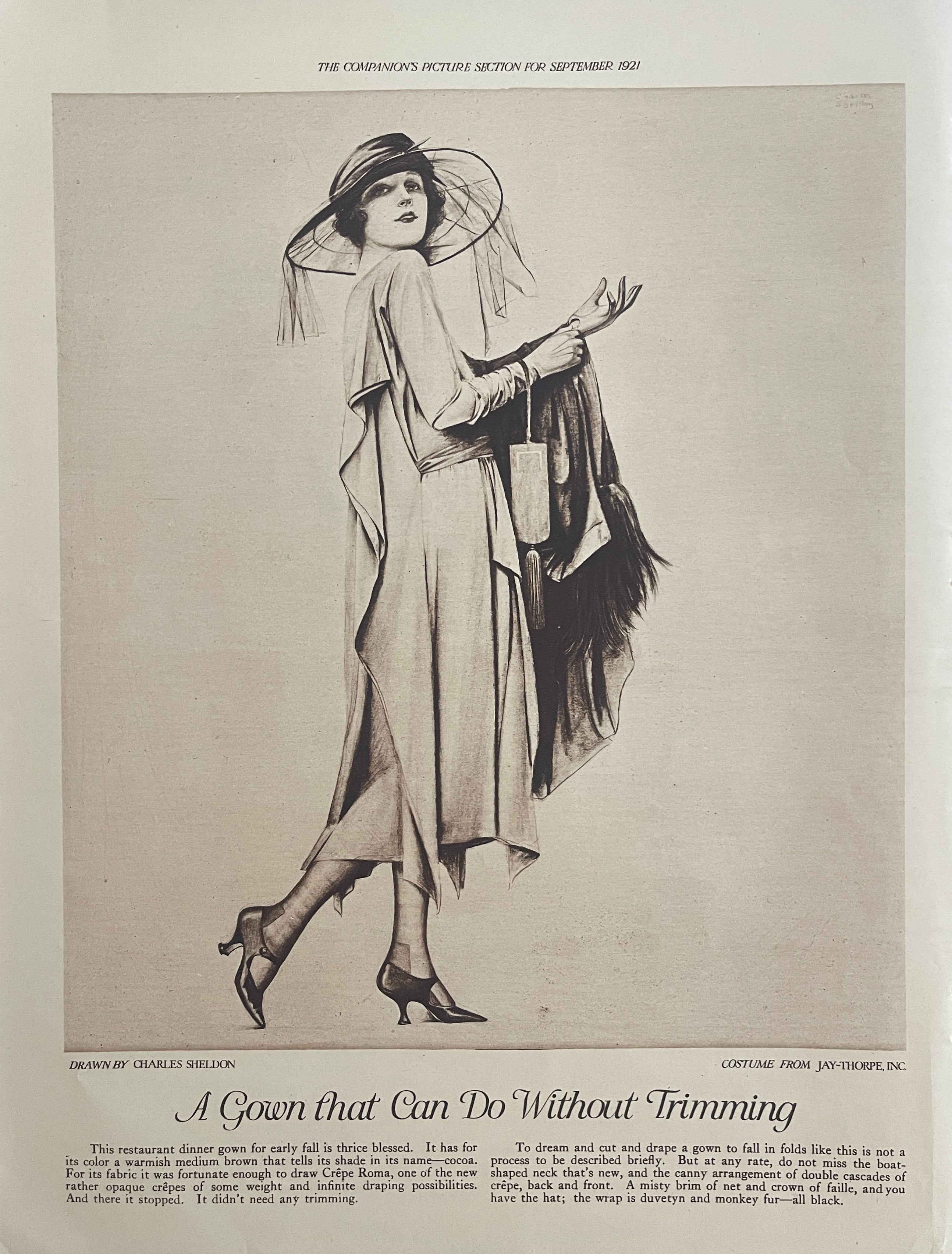 1921 magazine illustration titled “A Gown That Can Do Without Trimming” by Charles Sheldon, depicting a fashionable woman in an early 1920s evening gown with hat, gloves, and fur wrap.