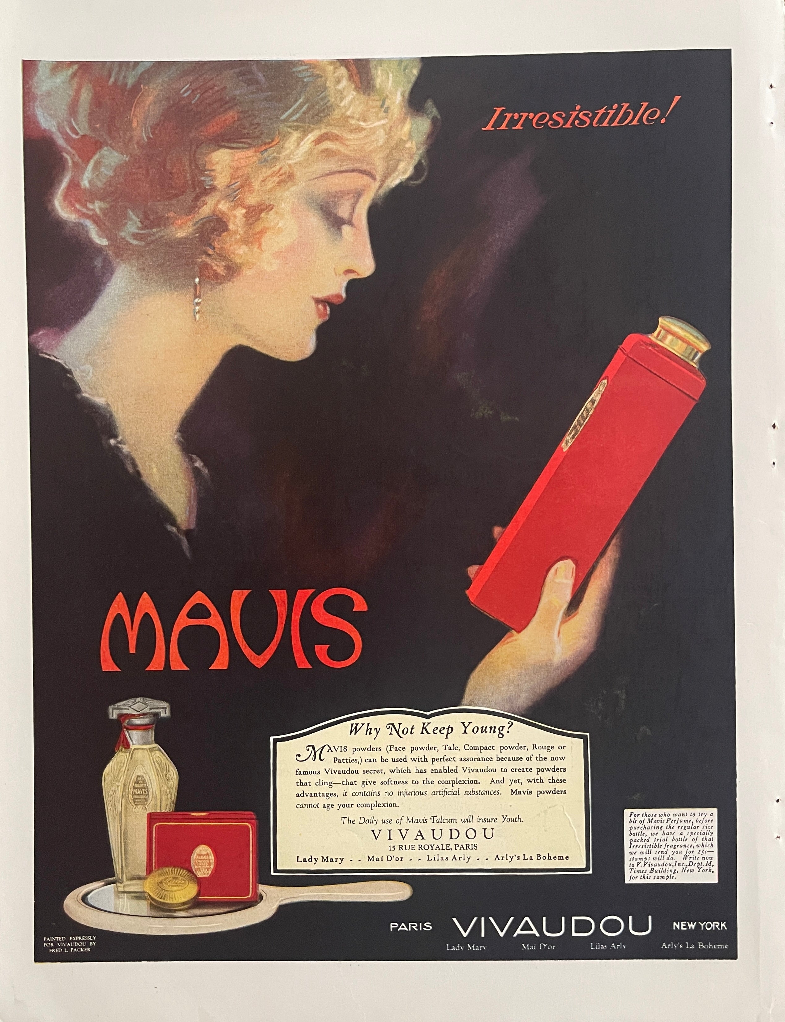 1921 Vivaudou Mavis Powders vintage magazine advertisement featuring a glamorous woman and red vanity case, painted by Fred L. Packer, Paris and New York branding