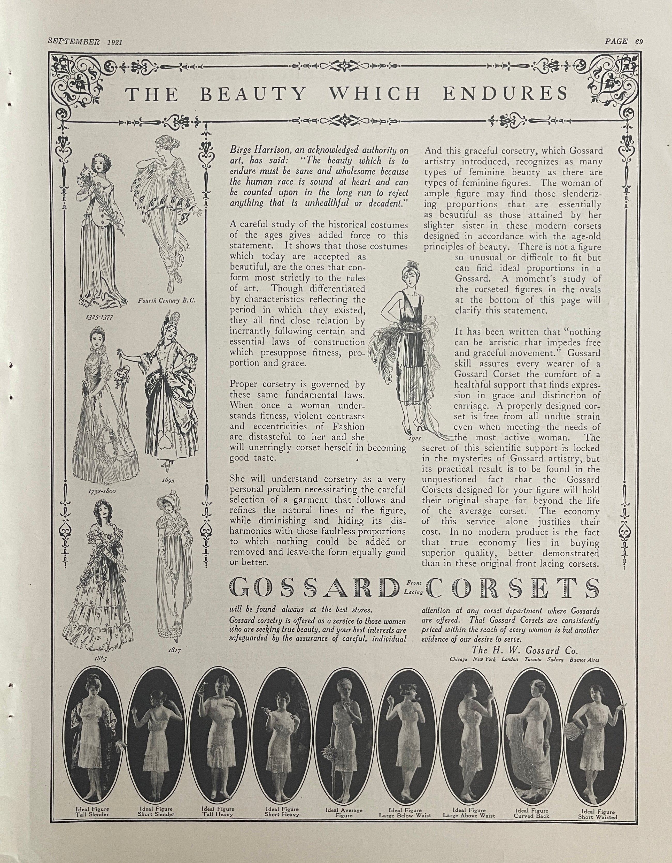 Vintage advertisement for Gossard corsets featuring illustrations of women in various dresses and corset styles.