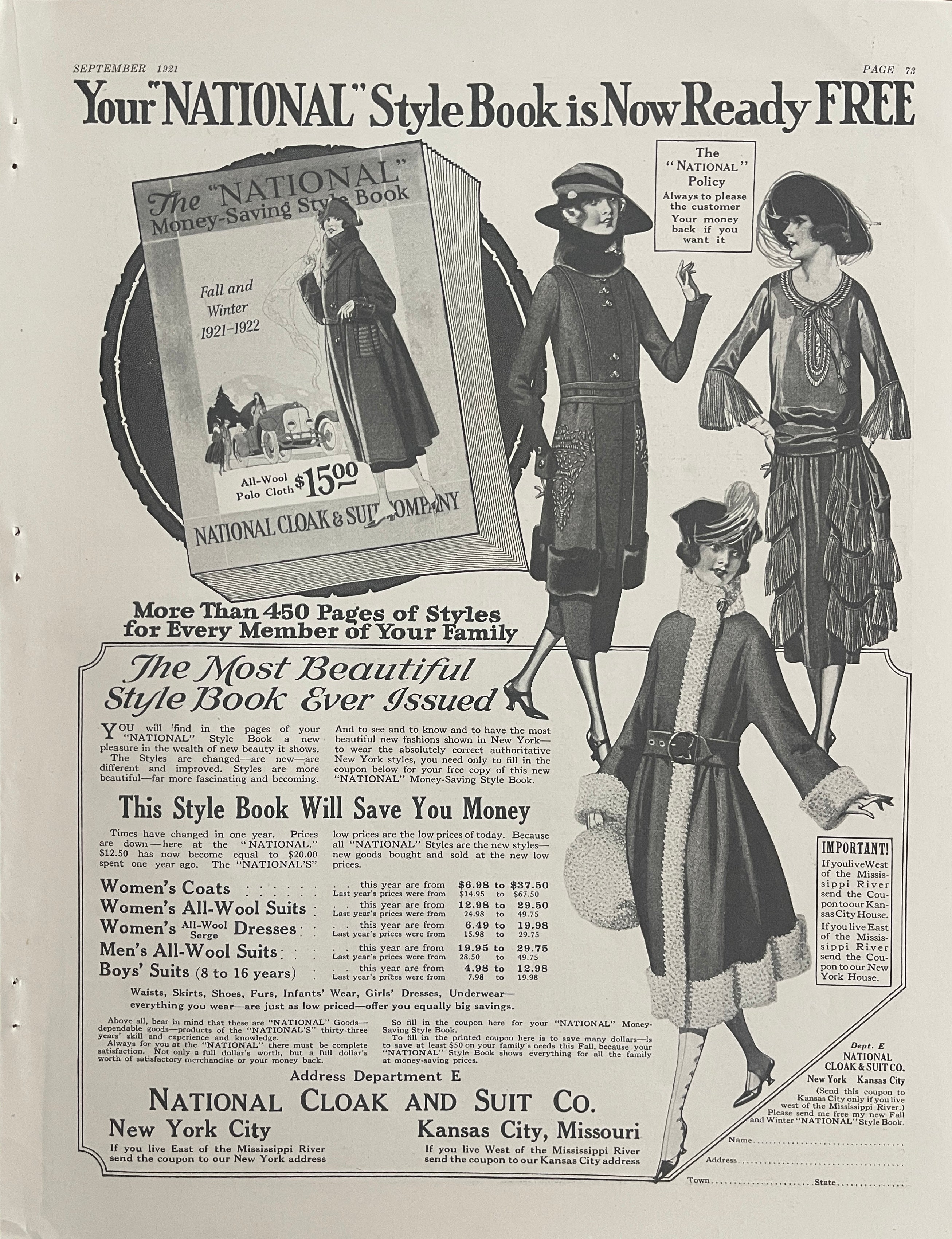 1921 National Cloak & Suit Company vintage magazine advertisement featuring women’s fashion illustrations from New York City and Kansas City, original period print